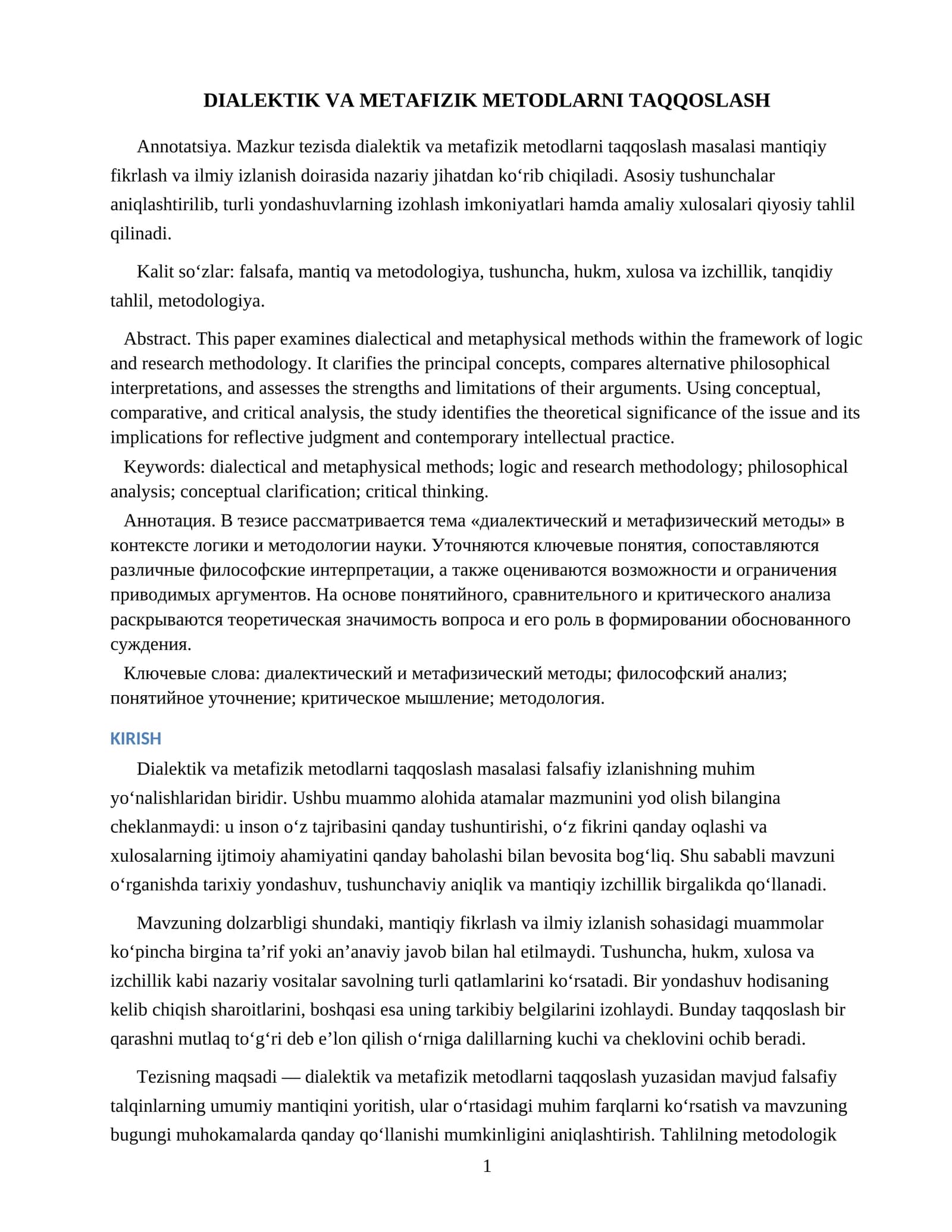 DIALEKTIK VA METAFIZIK METODLARNI TAQQOSLASH