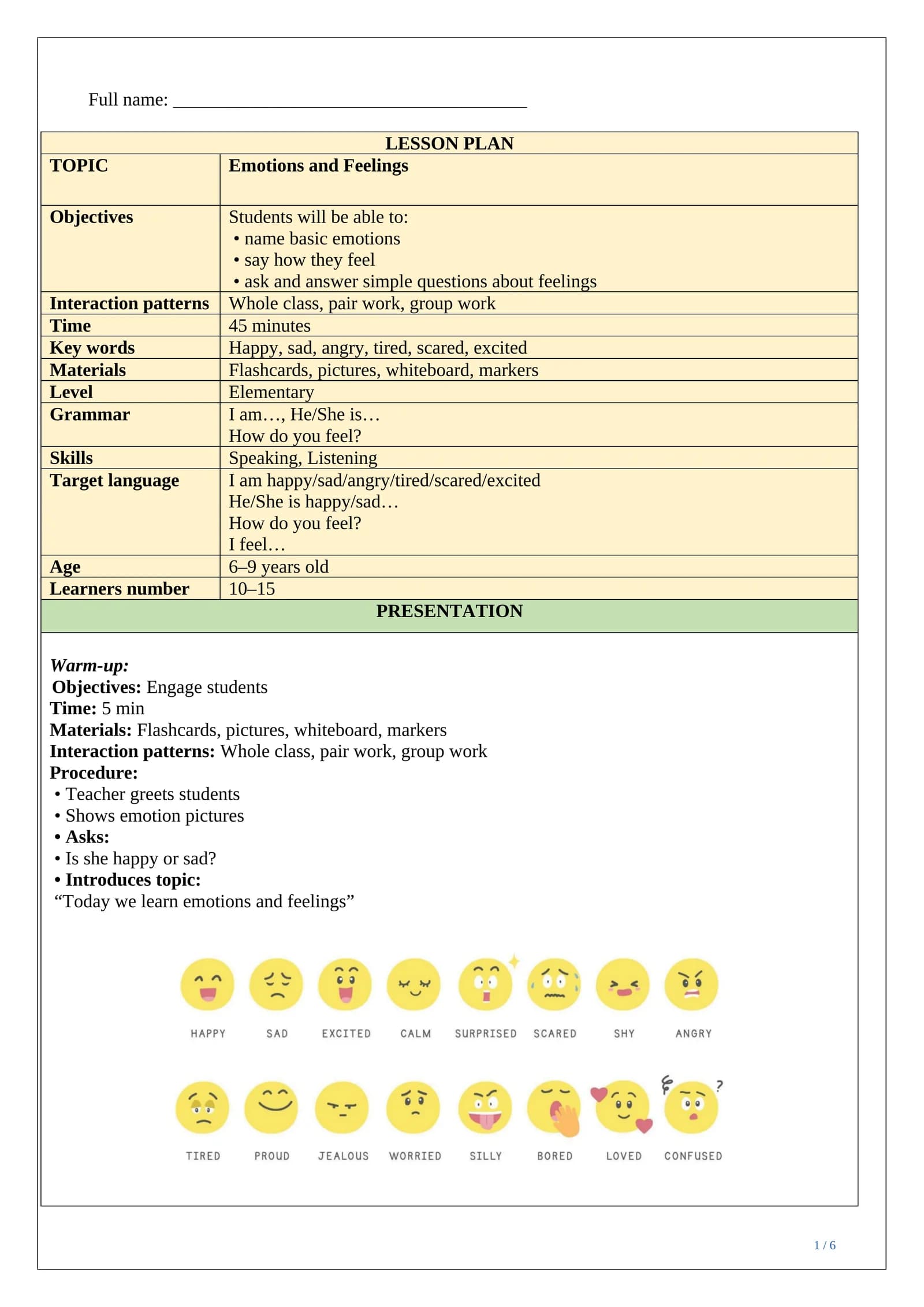 LESSON PLAN ESP emotions and feelings