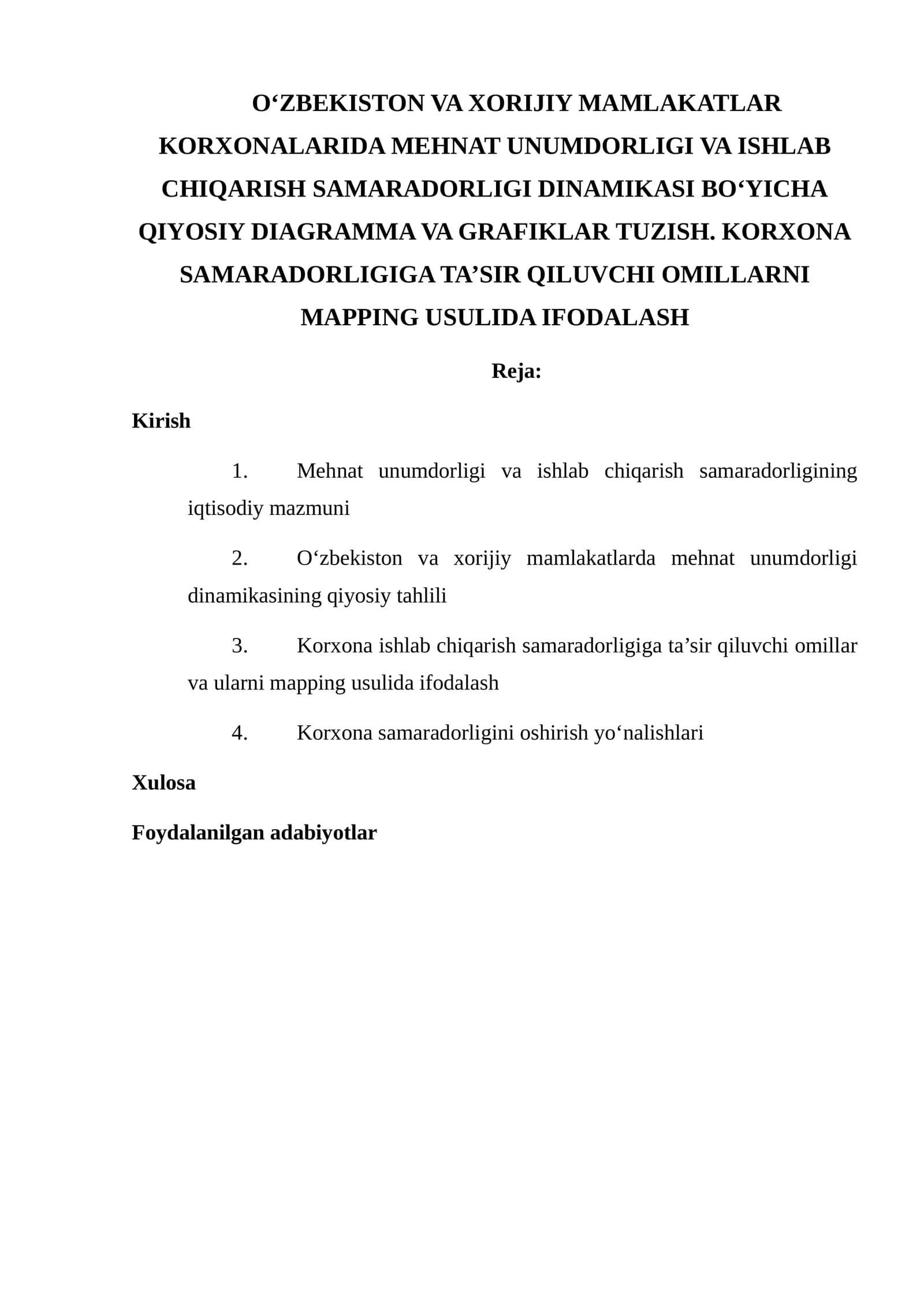 Mavzu: Korxona samaradorligiga ta'sir qiluvchi omillarni Mapping usulida ifodalash