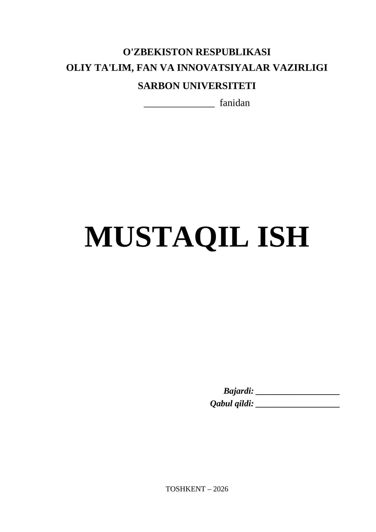 Sarbon Universiteti Mustaqil Ish Titul Varaq (.docx)