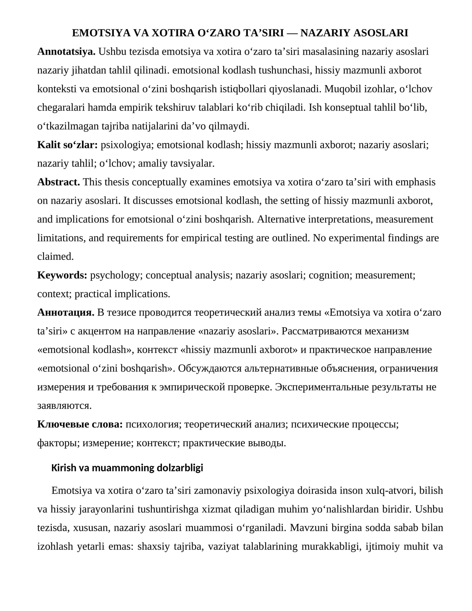 EMOTSIYA VA XOTIRA O‘ZARO TA’SIRI — NAZARIY ASOSLARI