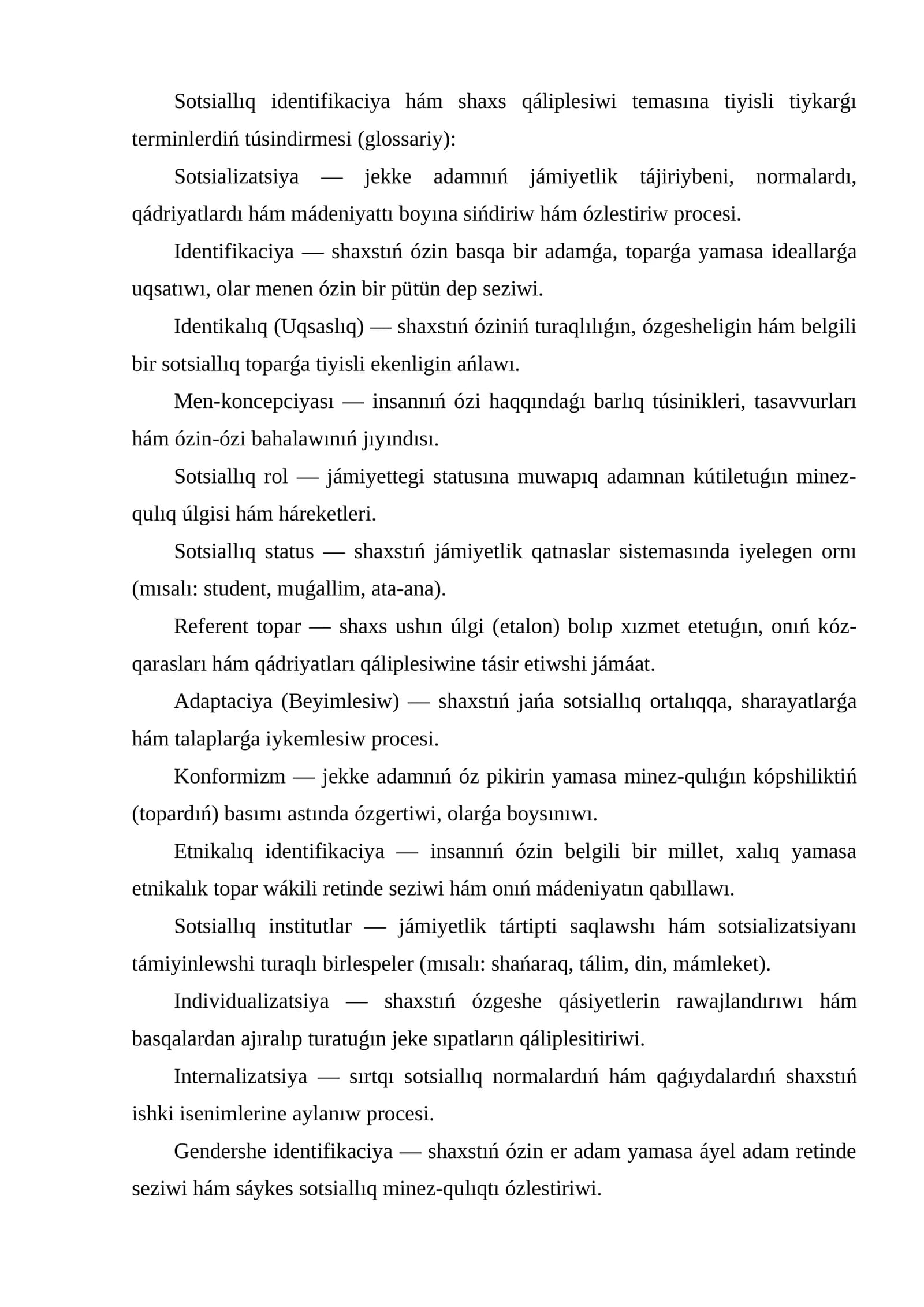 Sotsiallıq identifikaciya hám shaxs qáliplesiwi temasına tiyisli tiykarǵı terminlerdiń túsindirmesi (glossariy)