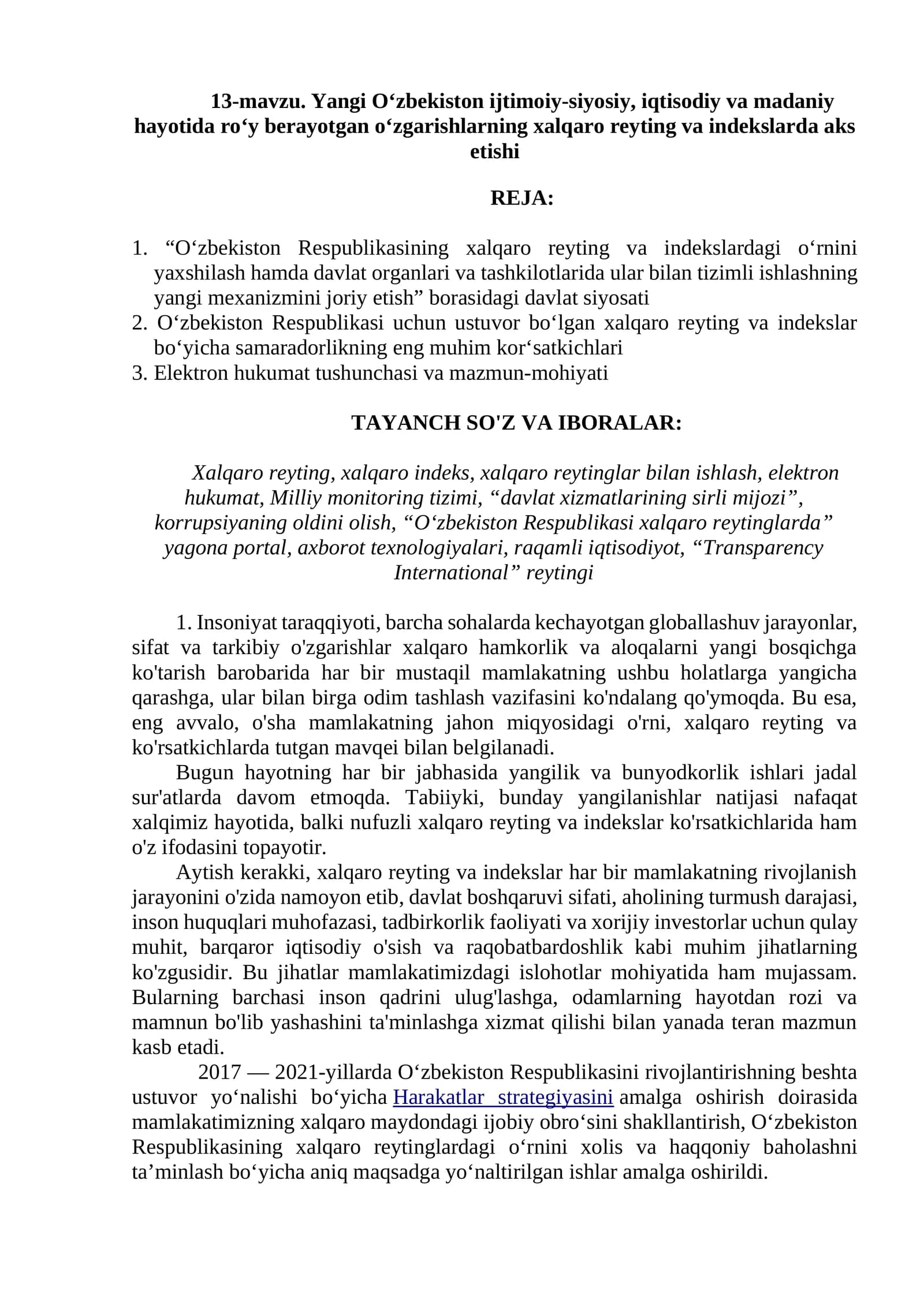 13-mavzu. Yangi O‘zbekiston ijtimoiy-siyosiy, iqtisodiy va madaniy hayotida roʻy berayotgan oʻzgarishlarning xalqaro reyting va indekslarda aks etishi