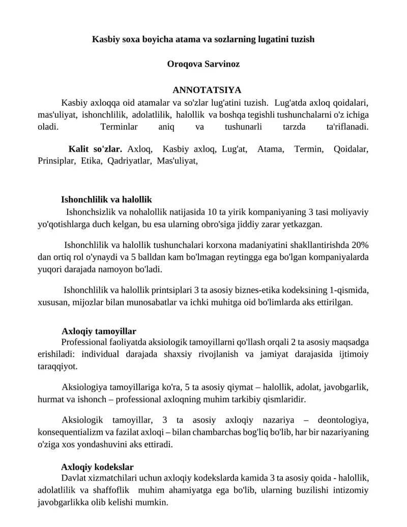 Kasbiy soxa boyicha atama va sozlarning lugatini tuzish