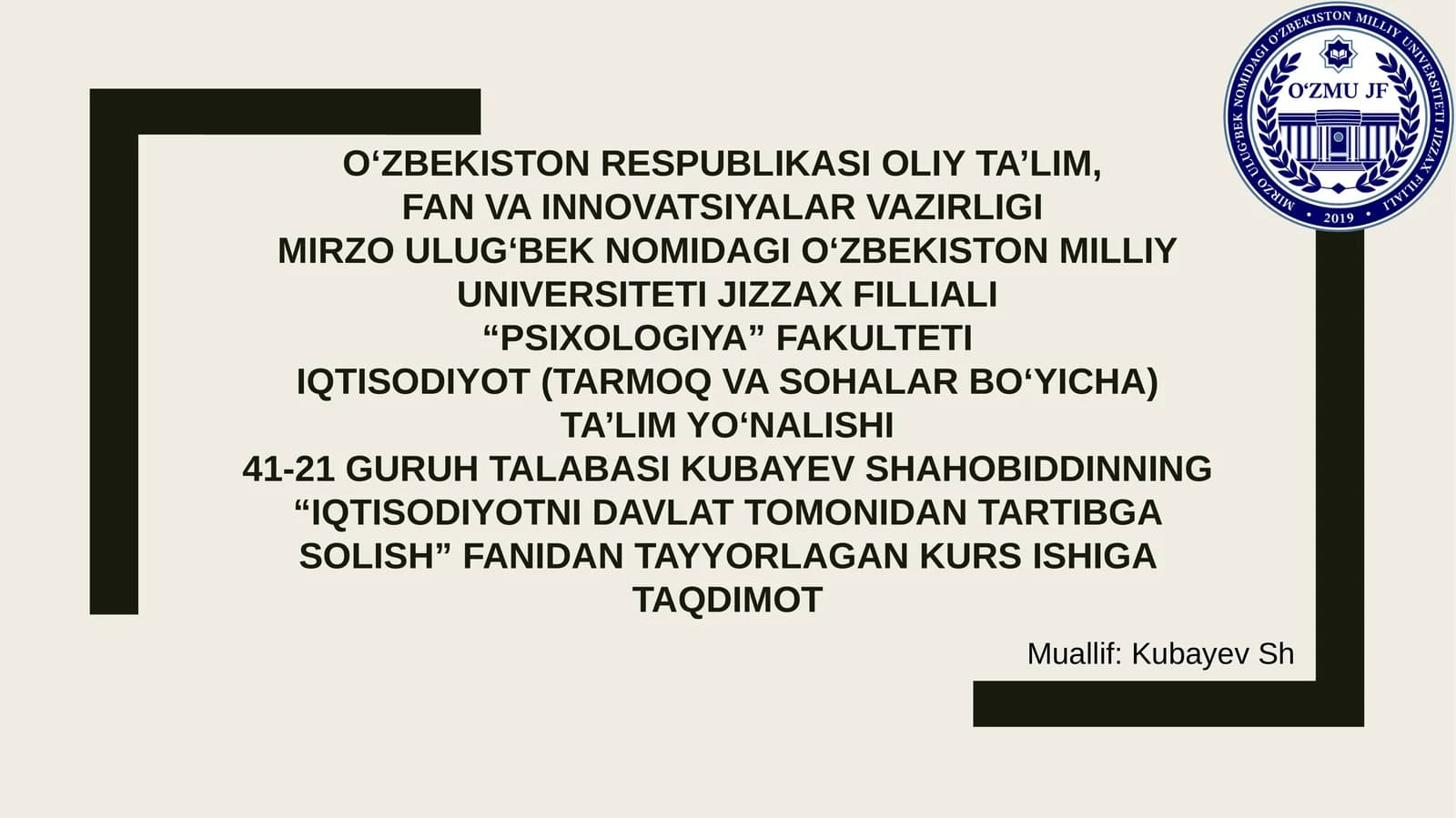 O‘zbekiston Milliy Universiteti Jizzax Filiali Psixologiya Fakulteti Kurs Ishi