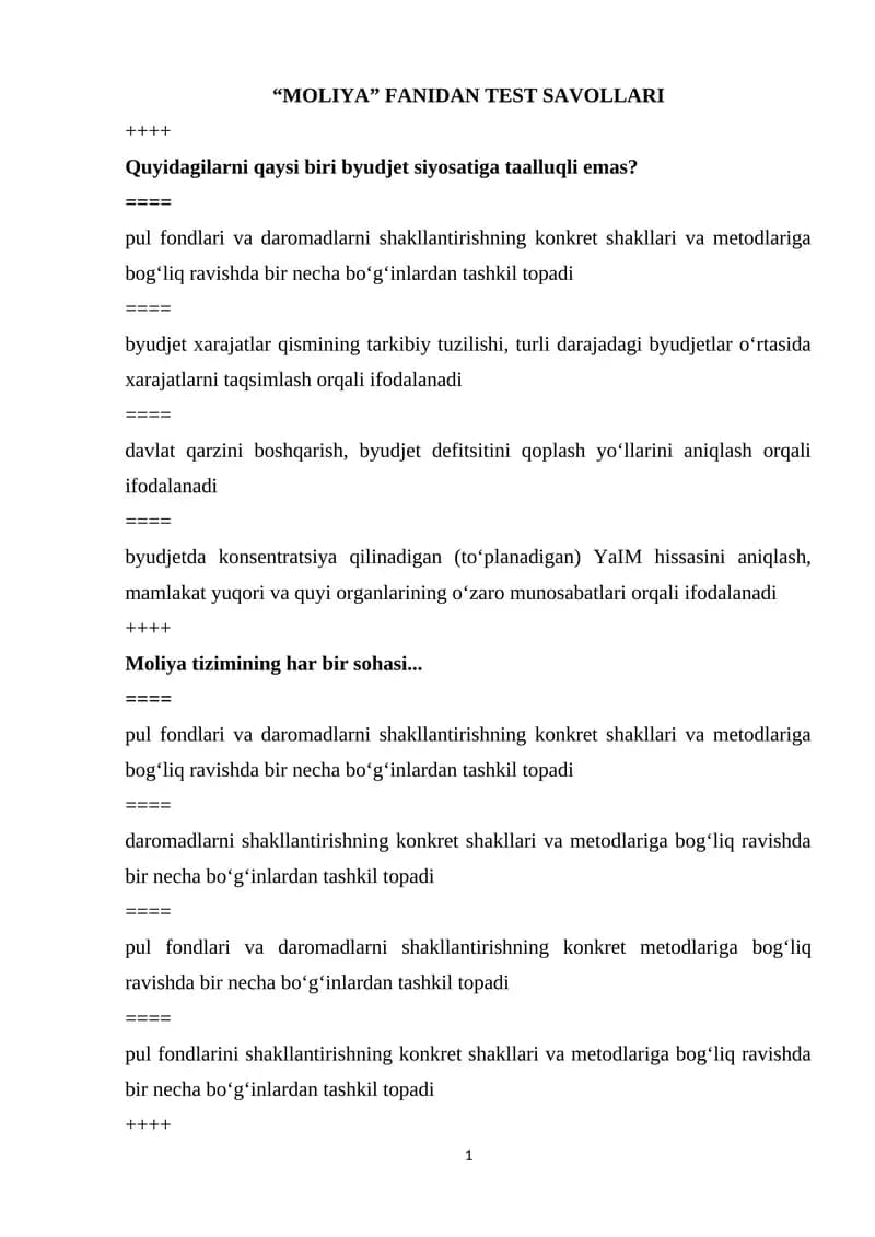 “MOLIYA” FANIDAN TEST SAVOLLARI