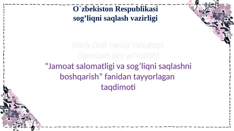 Jamoat salomatligi - Vaqtinchalik va turg'un holatdagi mehnat qobilyatini aniqlashning vrachlik ekspertizasini tashkil etish.