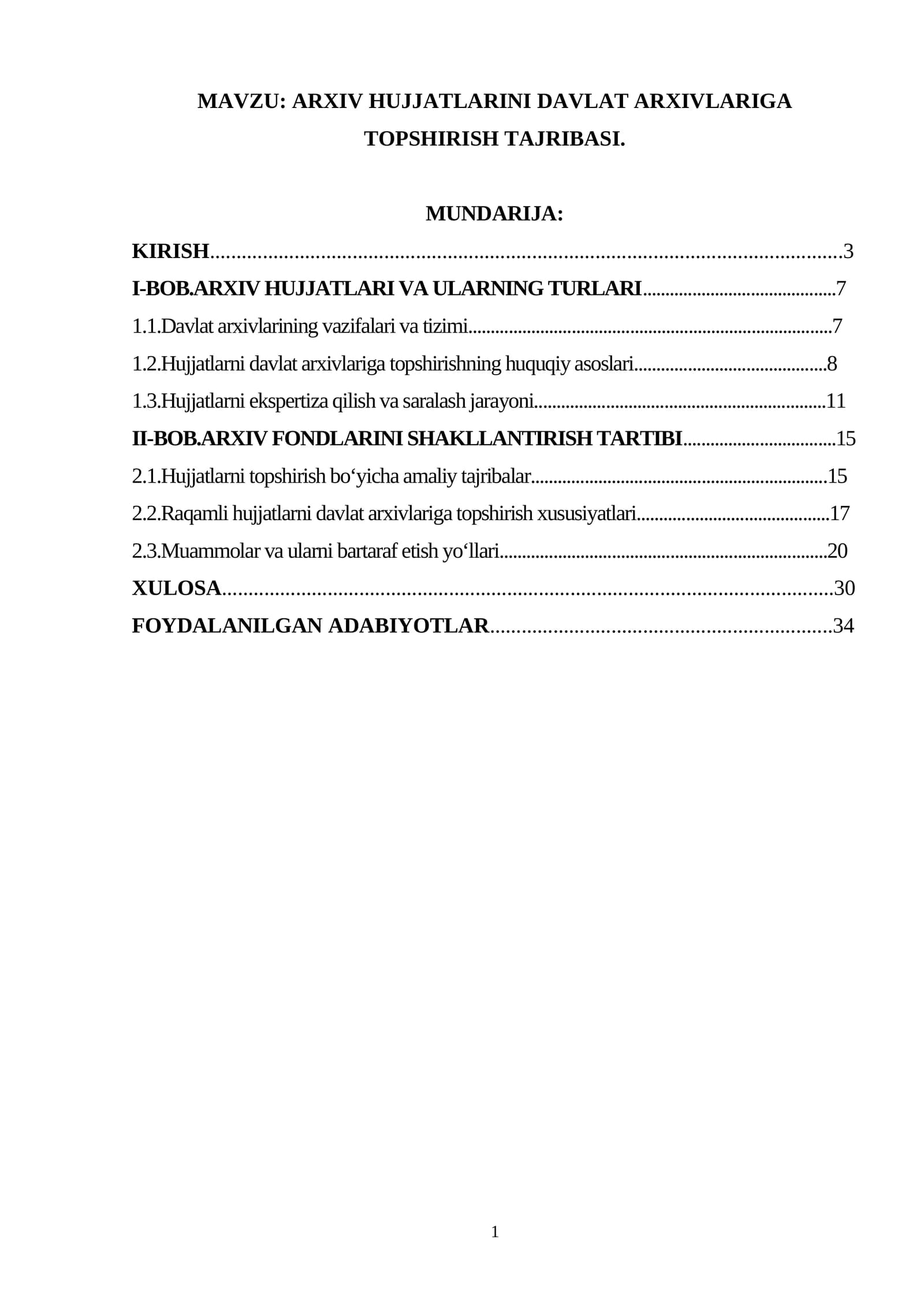 ARXIV HUJJATLARINI DAVLAT ARXIVLARIGA TOPSHIRISH TAJRIBASI.