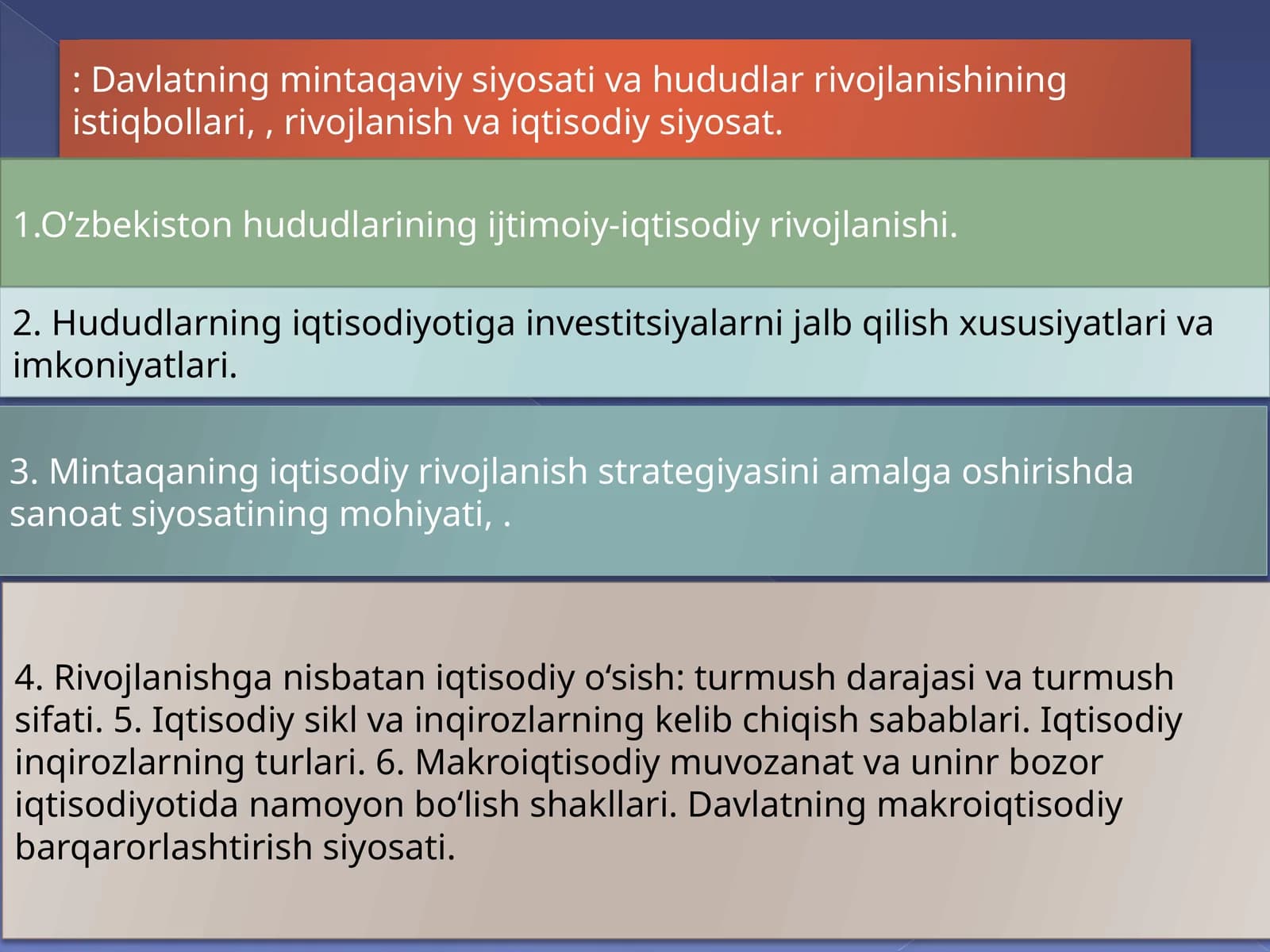 O'zbekiston hududlarining ijtimoiy-iqtisodiy rivojlanishi