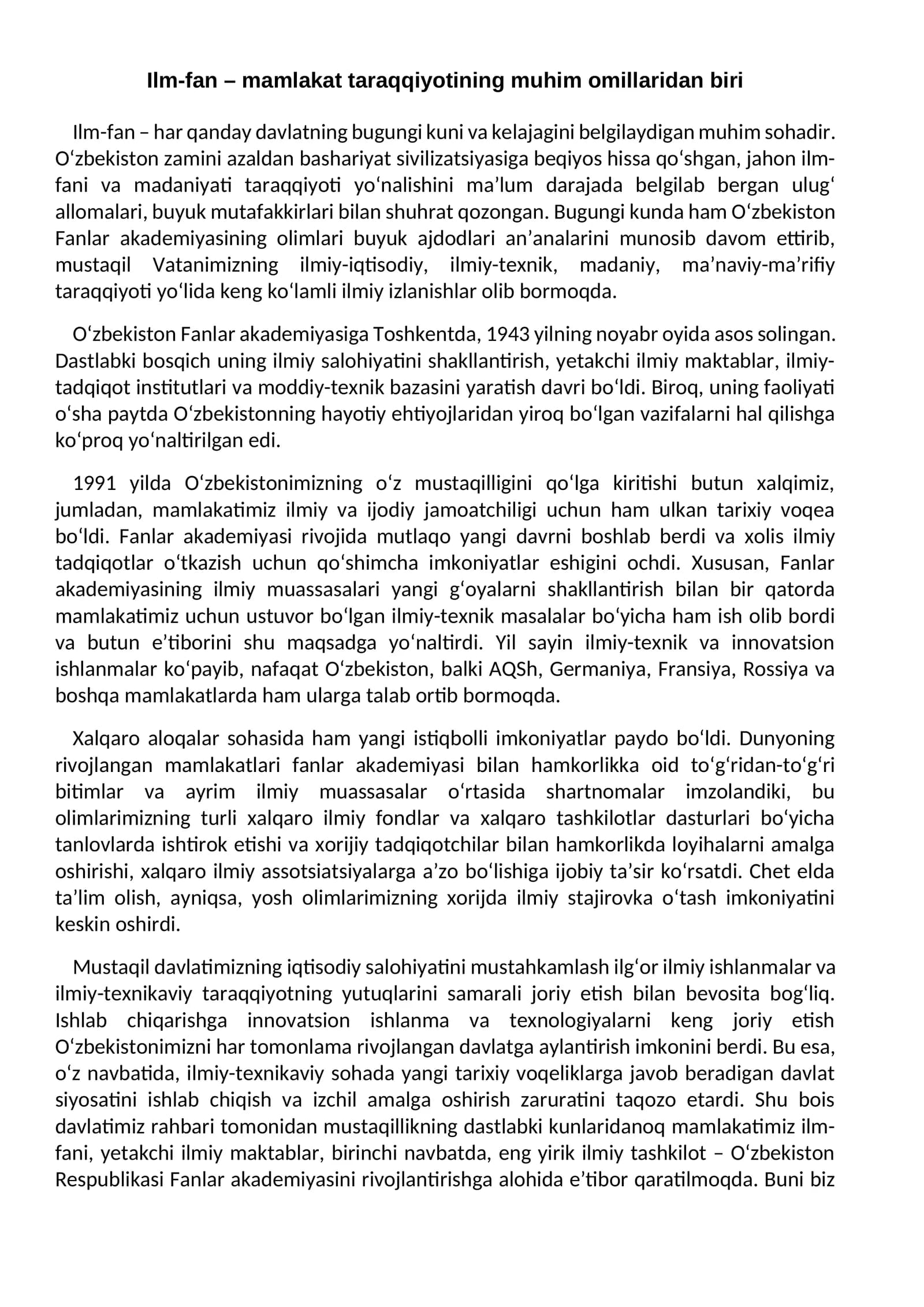 Ilm-fan – mamlakat taraqqiyotining muhim omillaridan biri