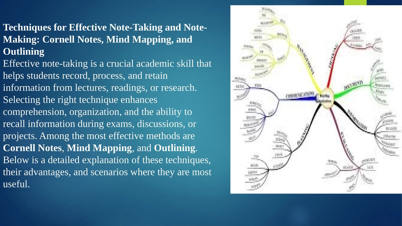 Techniques for Effective Note-Taking and Note-Making: Cornell Notes, Mind Mapping, and Outlining