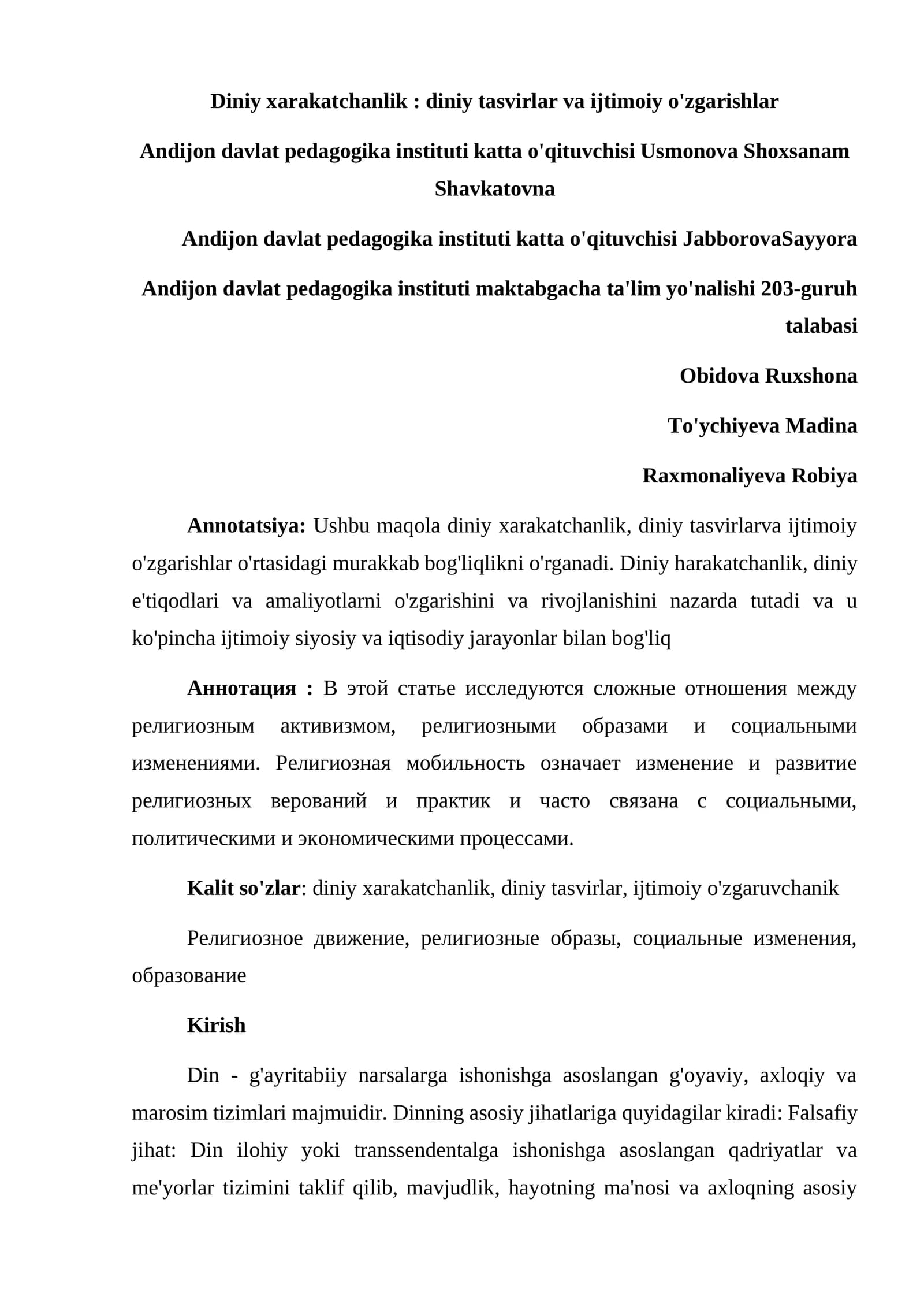 Diniy xarakatchanlik: diniy tasvirlar va ijtimoiy o'zgarishlar