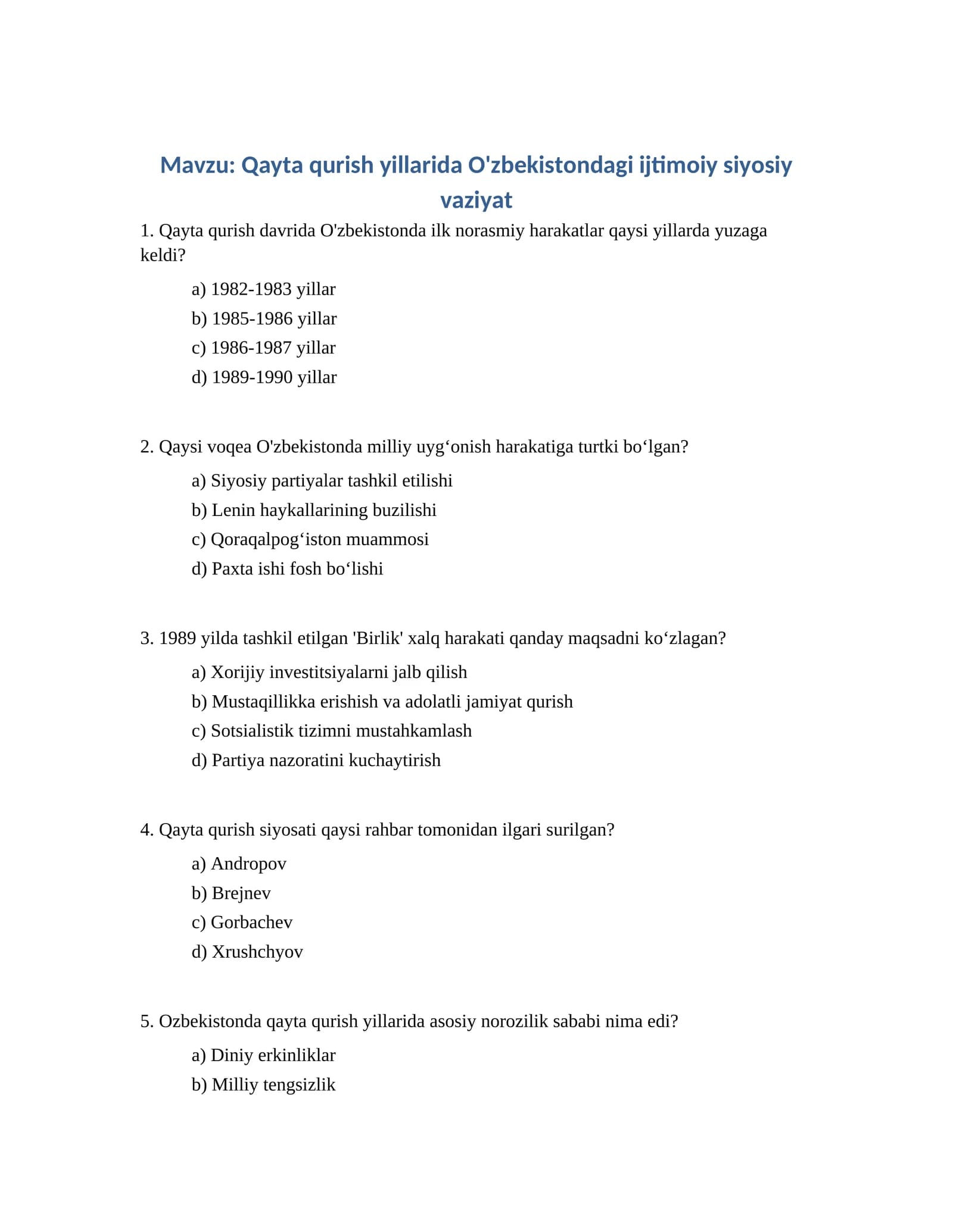 Qayta qurish yillarida O'zbekistondagi ijtimoiy siyosiy vaziyat
