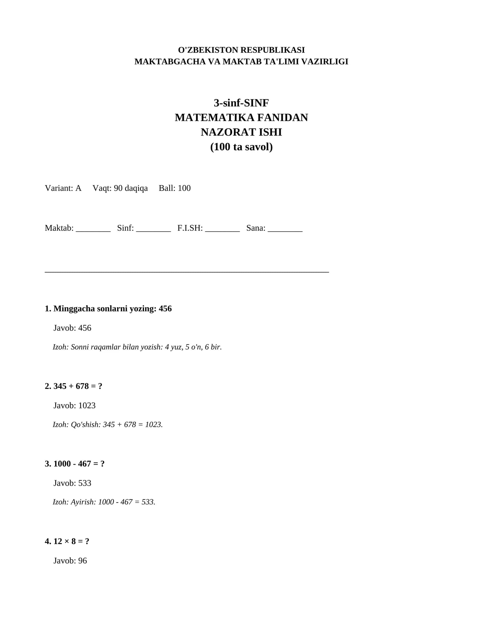 3-sinf-SINF MATEMATIKA FANIDAN NAZORAT ISHI