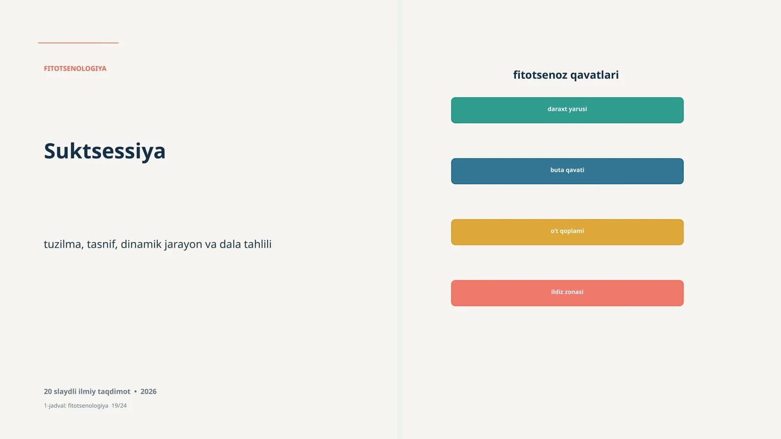 FITOTSENOLOGIYA Study of plant communities, including structure, classification, dynamics, and data analysis. Presentation includes 20 slides