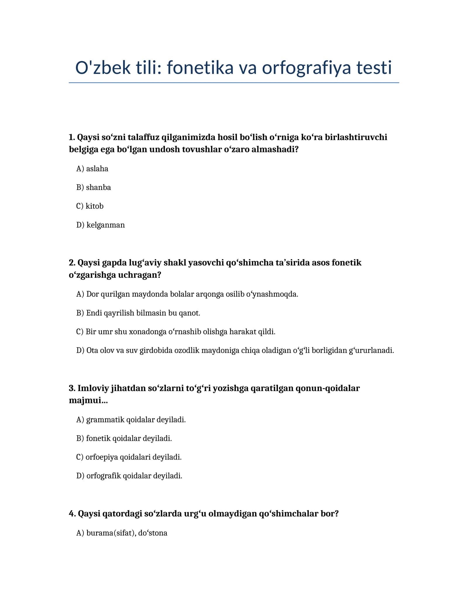 O'zbek tili: fonetika va orfografiya testi