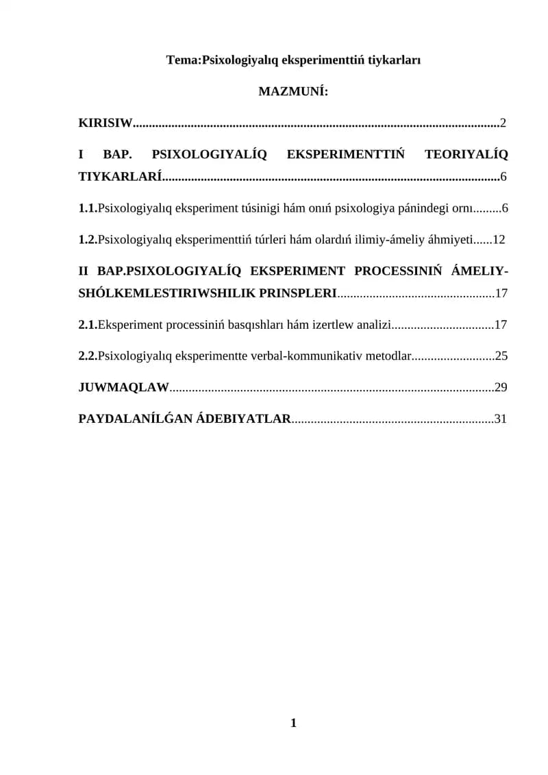 PSIXOLOGIYALIQ EKSPERIMENTTIŃ TIYKARLARI