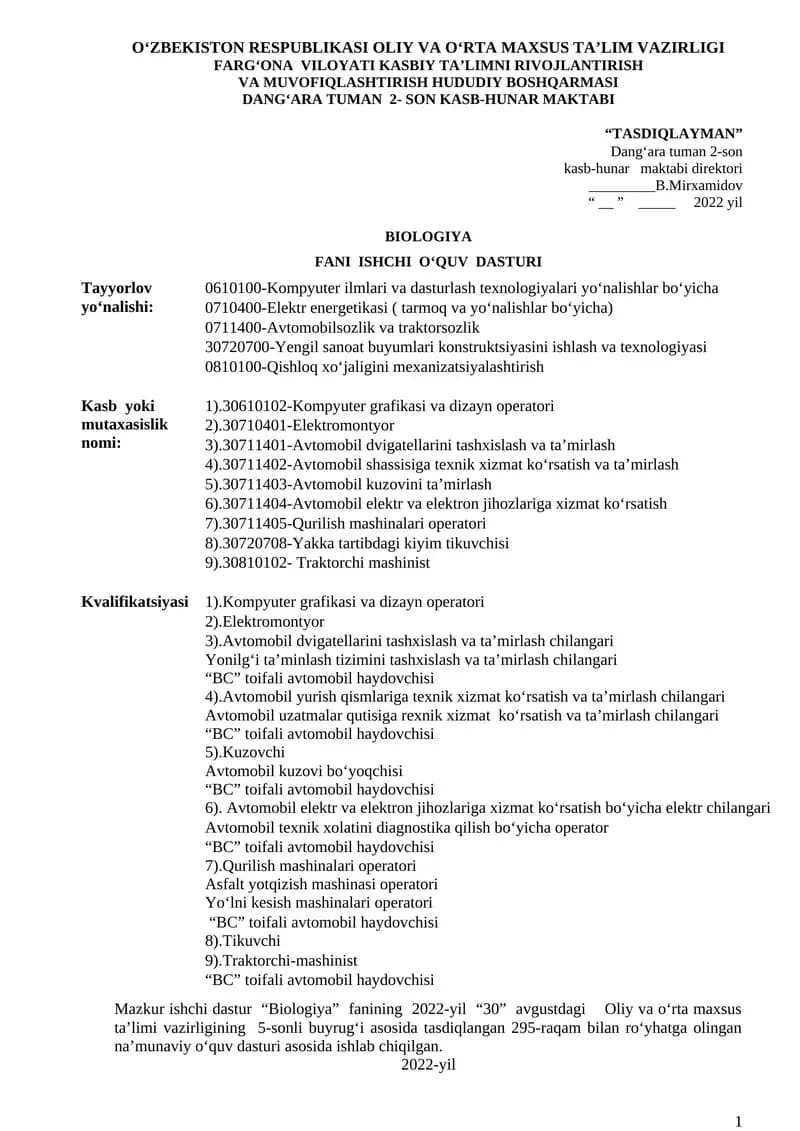 ishchi dastur biologiya