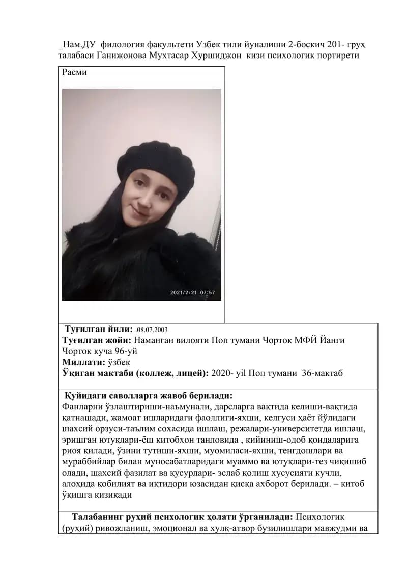 Ganijonova Mukhtasar Khurshidjon kizi psixologik portreti