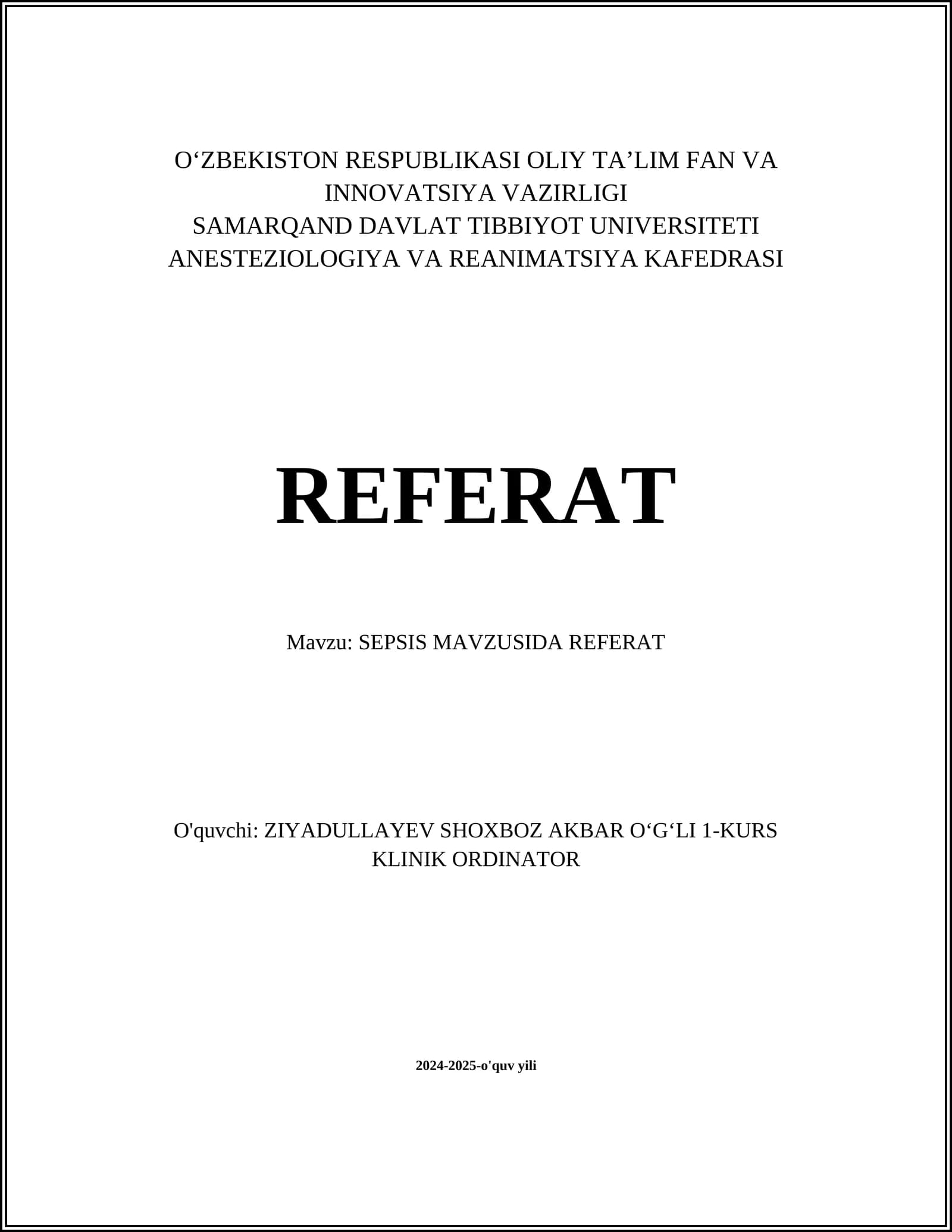 SEPSIS MAVZUSIDA REFERAT