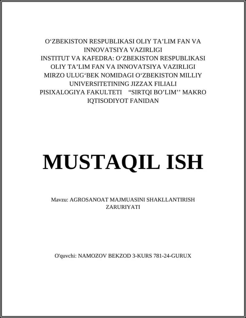 AGROSANOAT MAJMUASINI SHAKLLANTIRISH ZARURIYATI