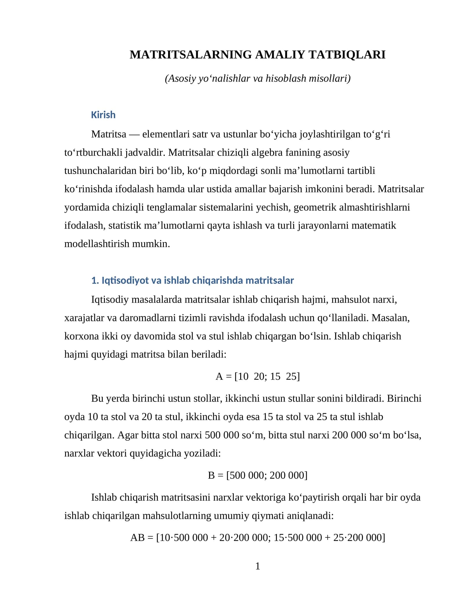 MATRITSALARNING AMALIY TATBIQLARI