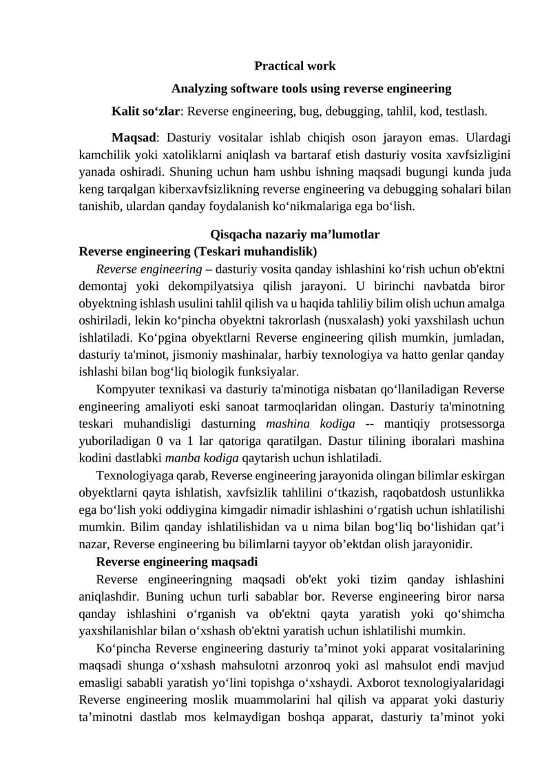 Reverse engineering software tools analysis