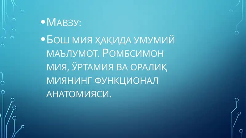 Бош мия ҳақида умумий маълумот. Ромбсимон мия, ўртамия ва оралиқ миянинг функционал анатомияси.