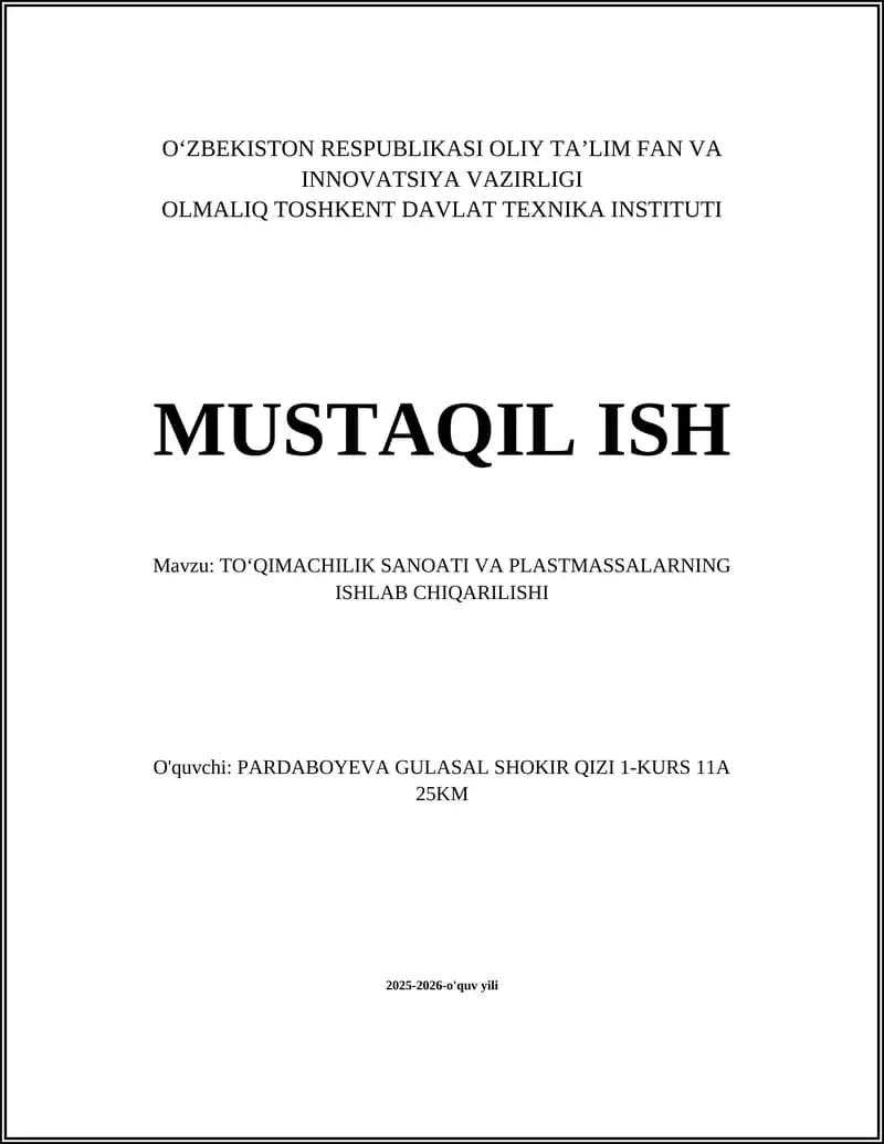 Toʻqimachilik sanoati va plastmassalarning ishlab chiqarilishi