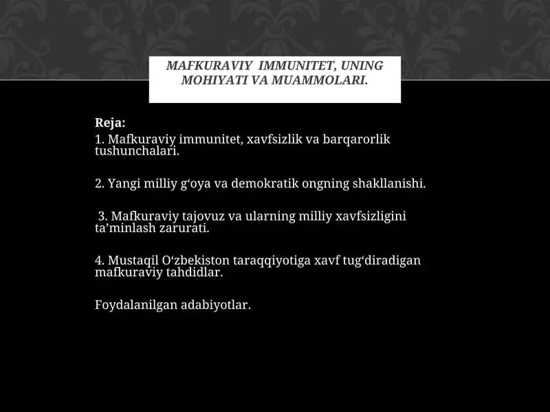 MAFKURAVIY IMMUNITET, UNING MOHIYATI VA MUAMMOLARI.