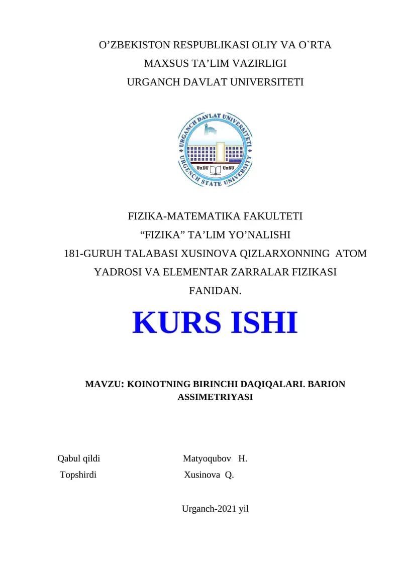 Koinotning birinchi daqiqalari. barion assimetriyasi