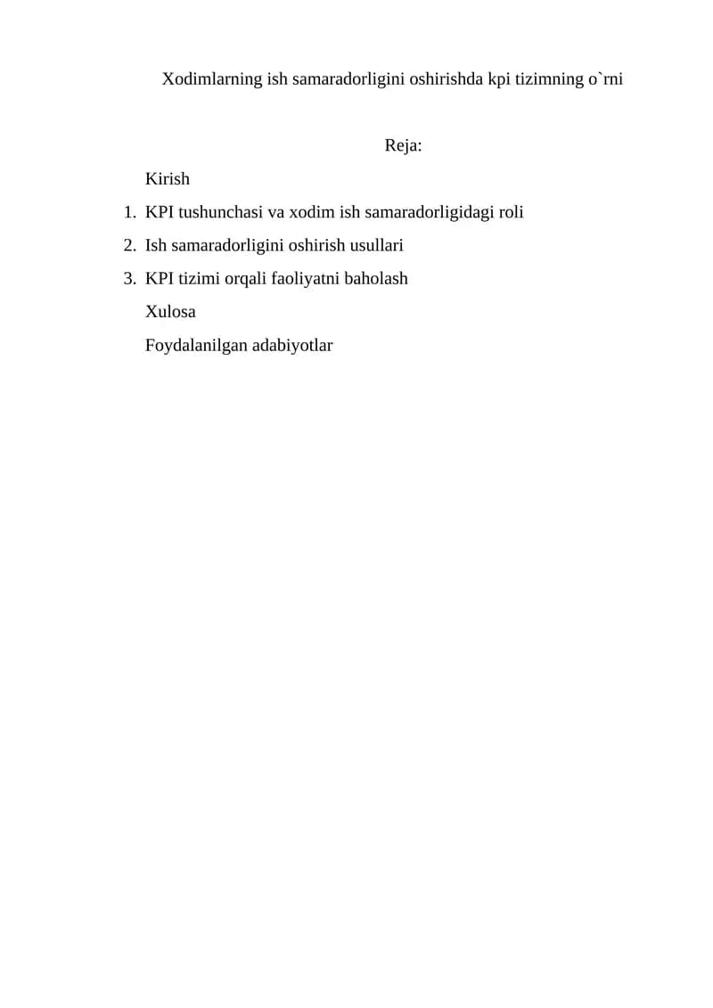 KPI tizimining o'rni
