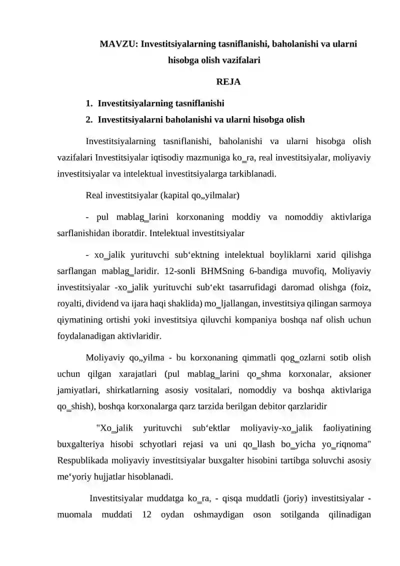 Investitsiyalarning tasniflanishi, baholanishi va ularni hisobga olish vazifalari