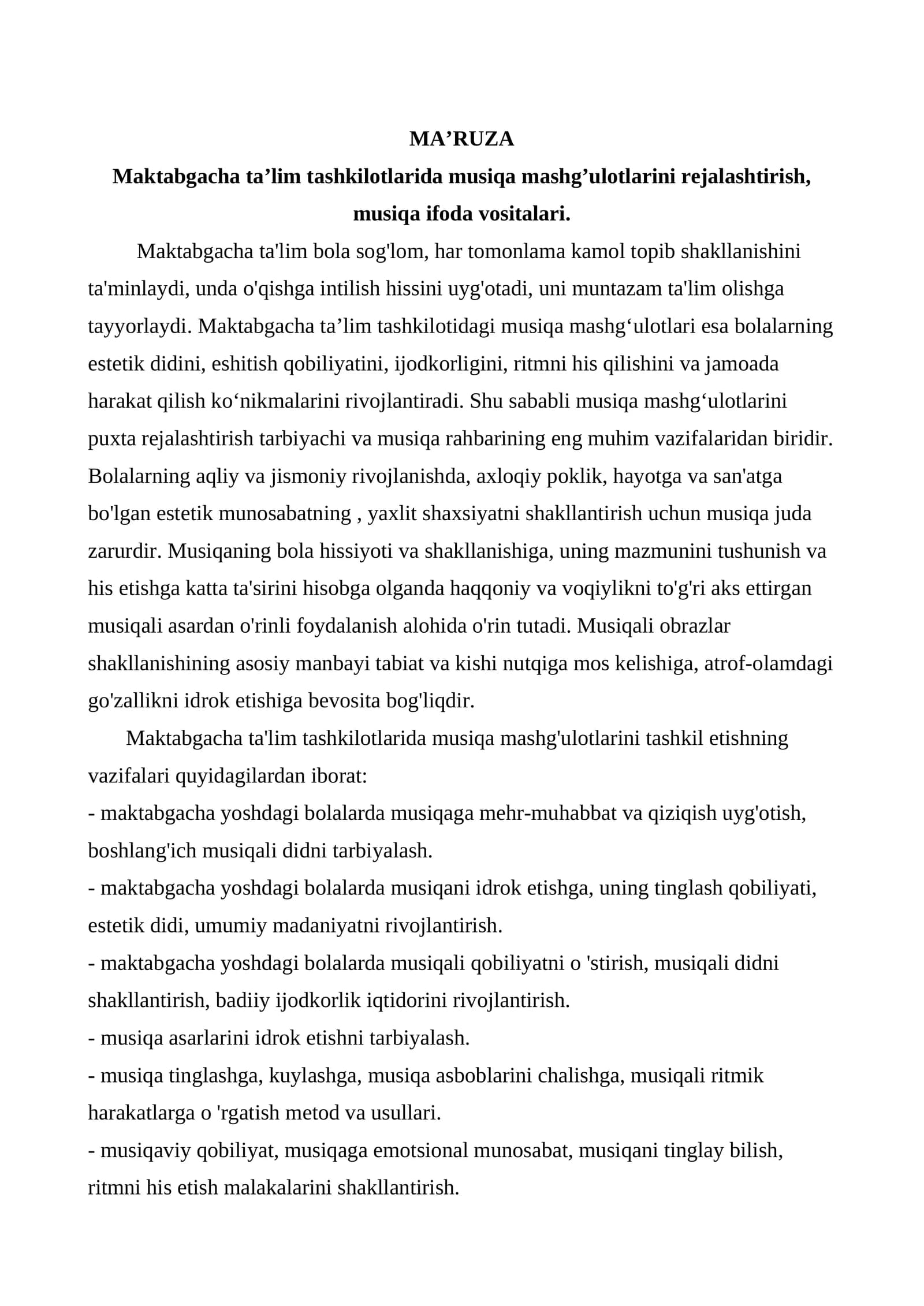 Maktabgacha ta’lim tashkilotlarida musiqa mashg’ulotlarini rejalashtirish, musiqa ifoda vositalari.