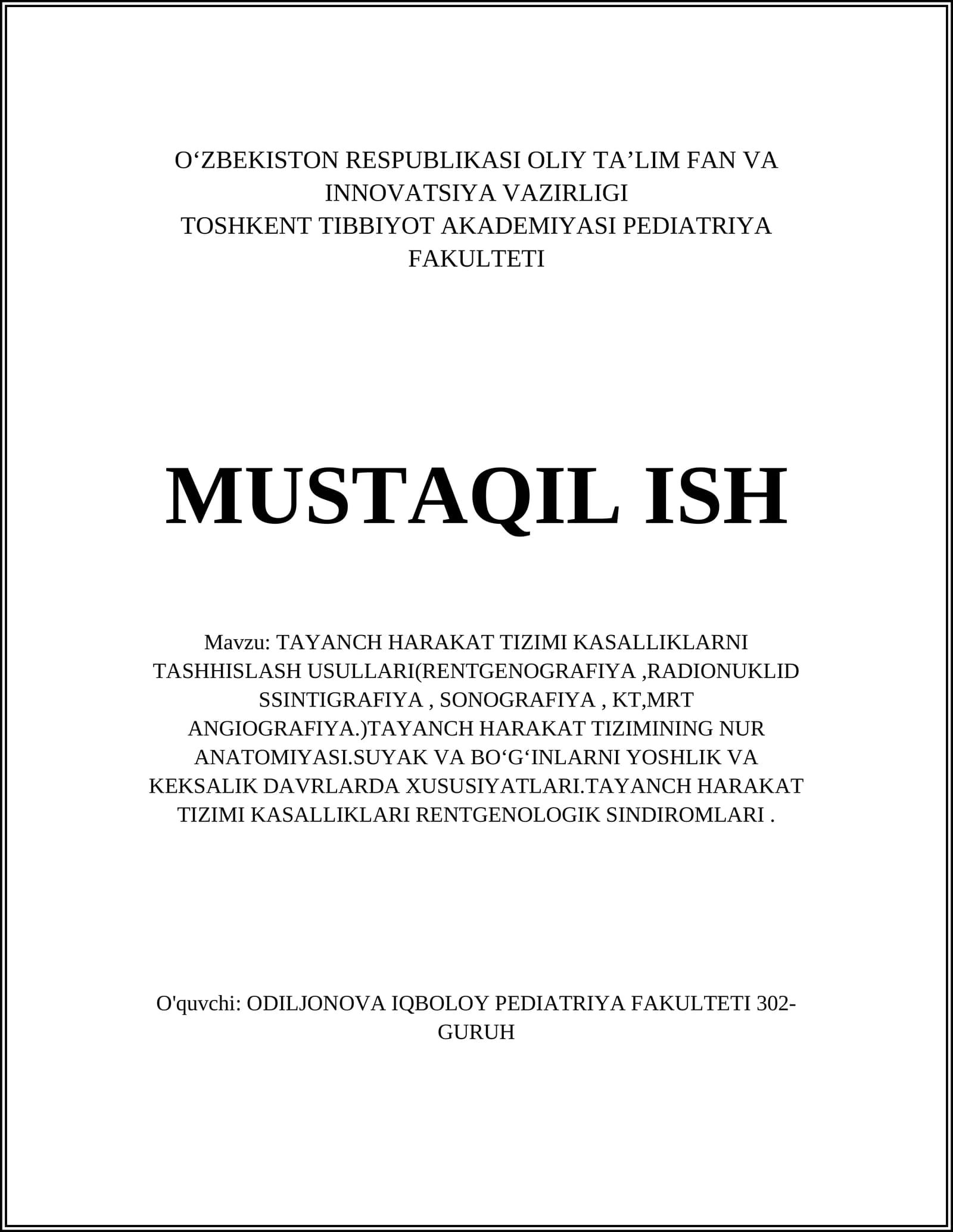 TAYANCH HARAKAT TIZIMI KASALLIKLARNI TASHHISLASH USULLARI