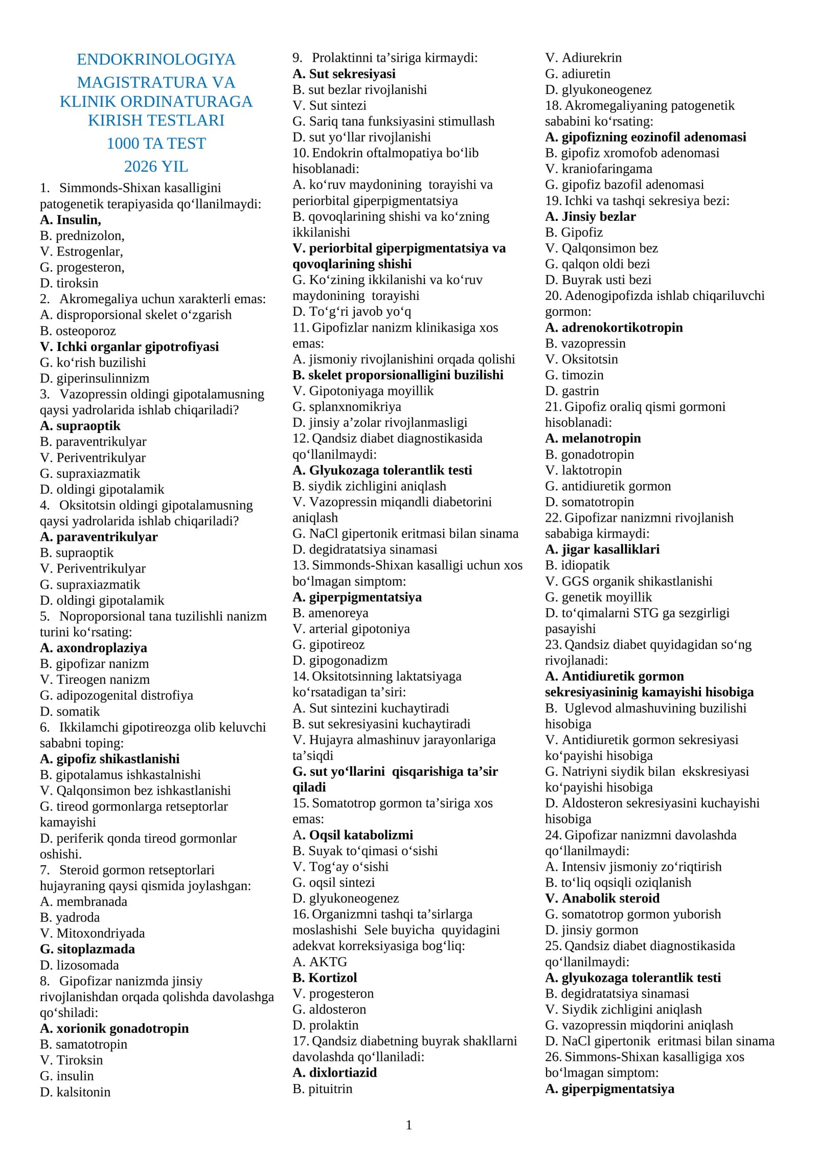 ENDOKRINOLOGIYA MAGISTRATURA VA KLINIK ORDINATURAGA KIRISH TESTLARI 1000 TA2026 YIL