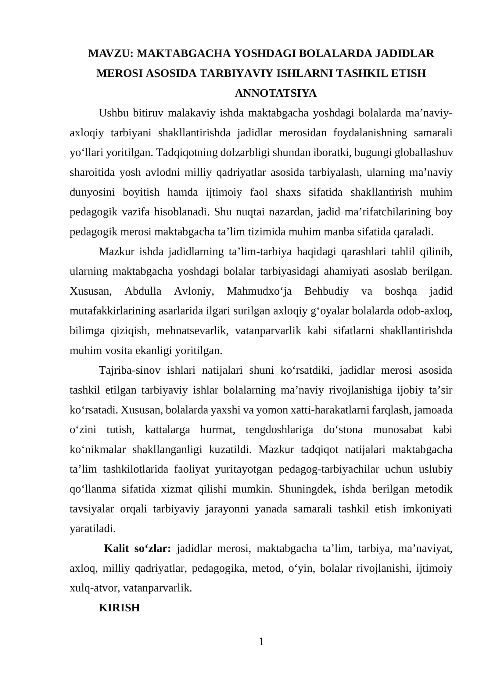 MAKTABGACHA YOSHDAGI BOLALARDA JADIDLAR MEROSI ASOSIDA TARBIYAVIY ISHLARNI TASHKIL ETISH