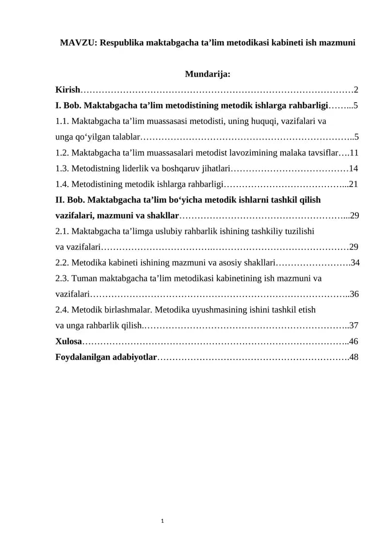 Respublika maktabgacha ta’lim metodikasi kabineti ish mazmuni
