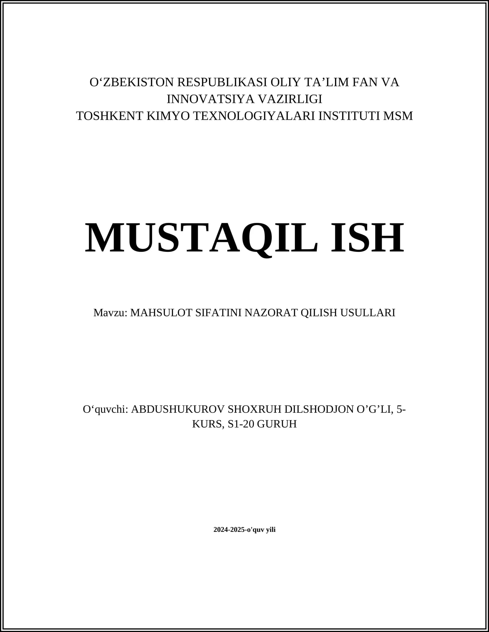 MAHSULOT SIFATINI NAZORAT QILISH USULLARI
