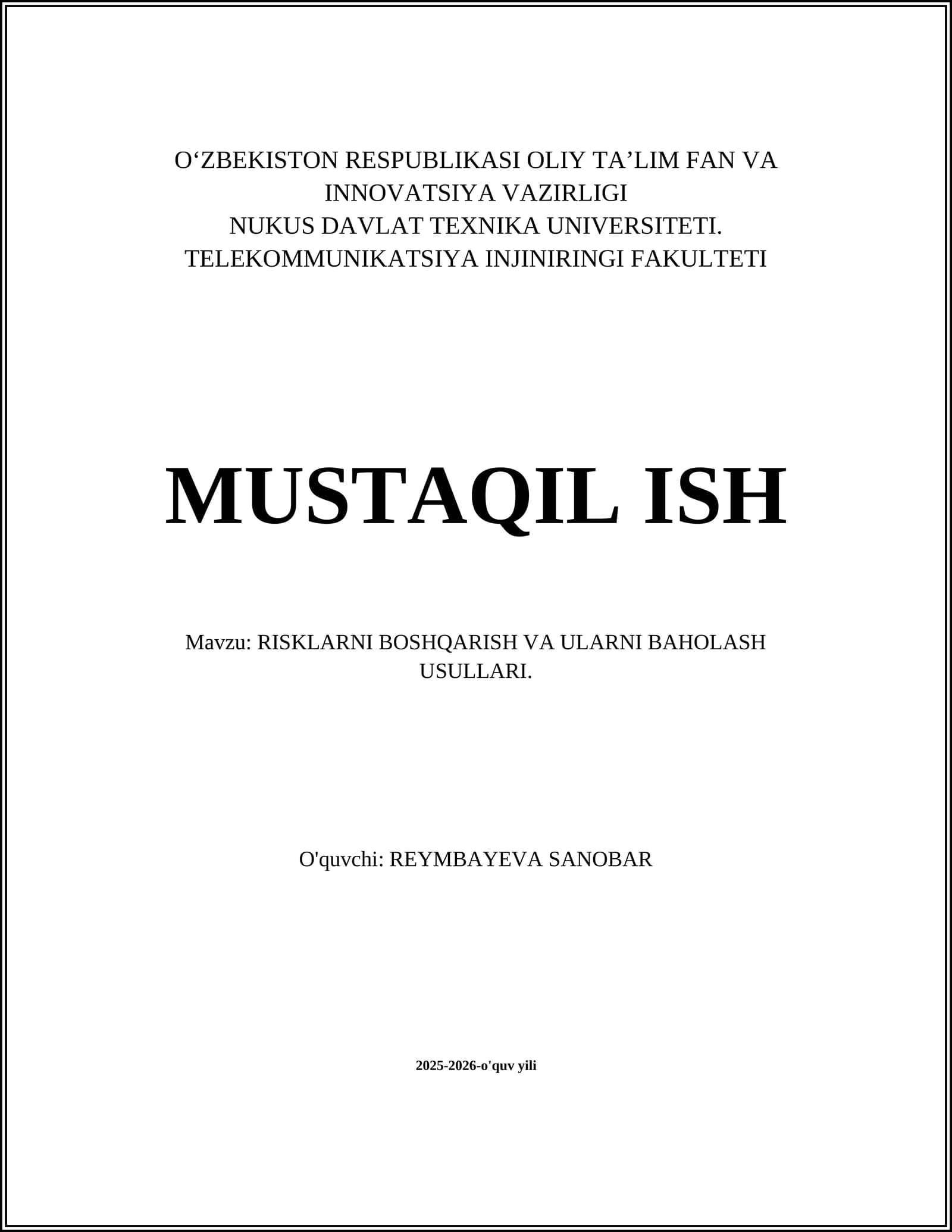 RISKLARNI BOSHQARISH VA ULARNI BAHOLASH USULLARI