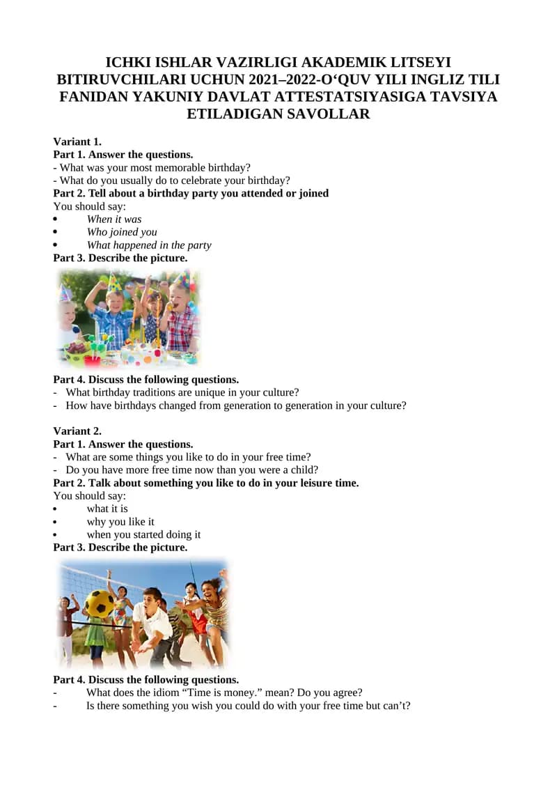 ICHKI ISHLAR VAZIRLIGI AKADEMIK LITSEYI BITIRUVCHILARI UCHUN 2021–2022-O‘QUV YILI INGLIZ TILI FANIDAN YAKUNIY DAVLAT ATTESTATSIYASIGA TAVSIYA ETILADIGAN SAVOLLAR
