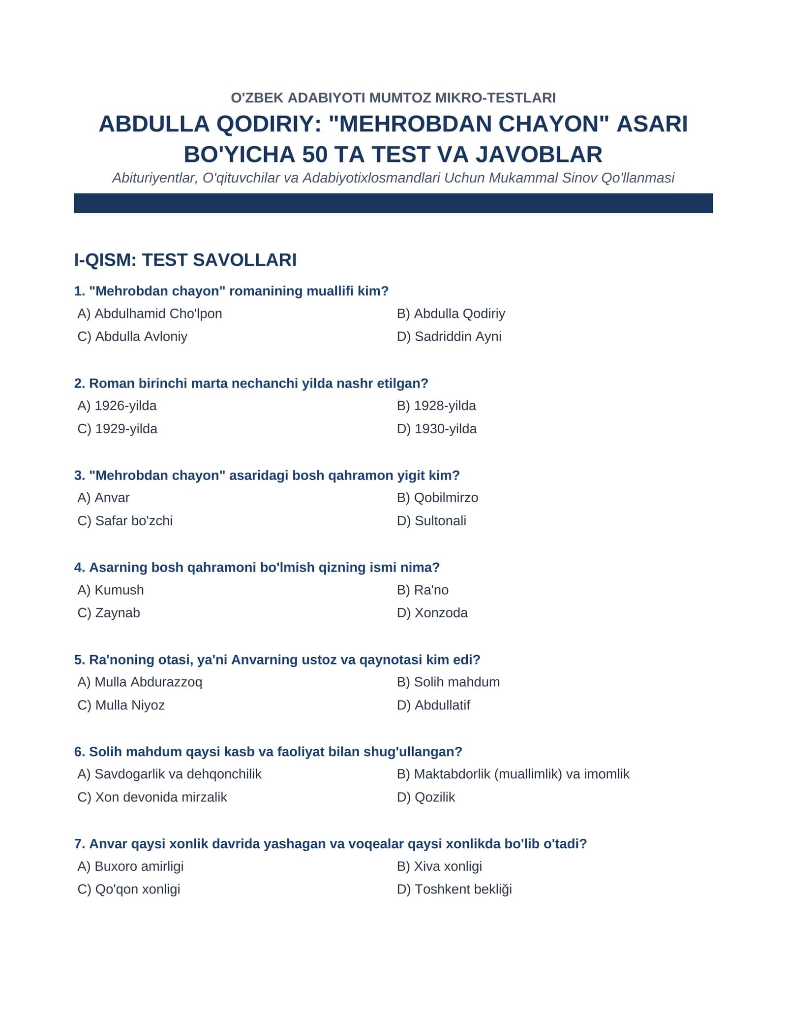 Abdulla Qodiriyning " Mehrobdan Chayon" asari bo'yicha 50 talik test oxirida javoblar kaliti bilan birga