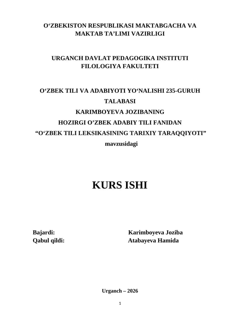 O`zbek tili leksikografiyasi. Lug`at turlari va tiplari kurs ishi.