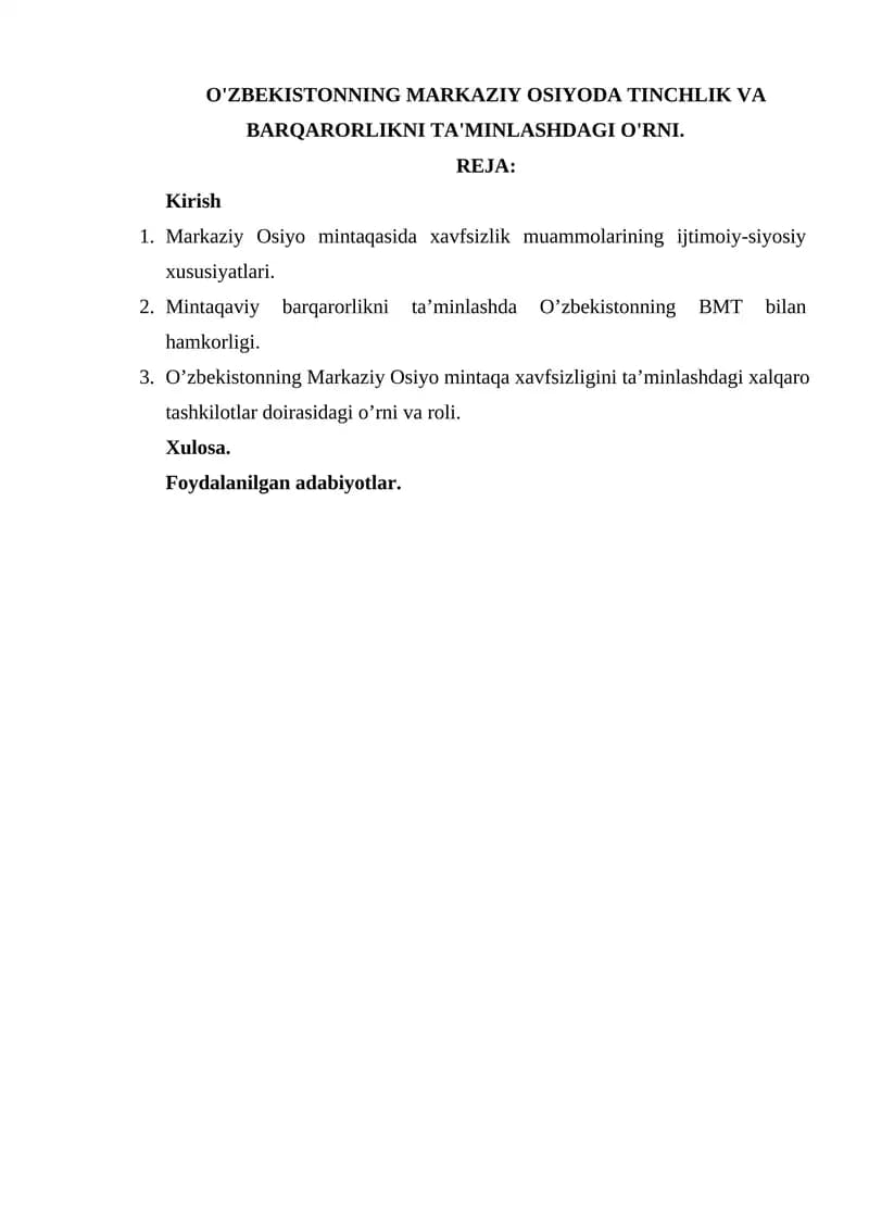 Tinchlik va barqarorlikni ta'minlashdagi O'zbekistonning Markaziy Osiyoda o'rni