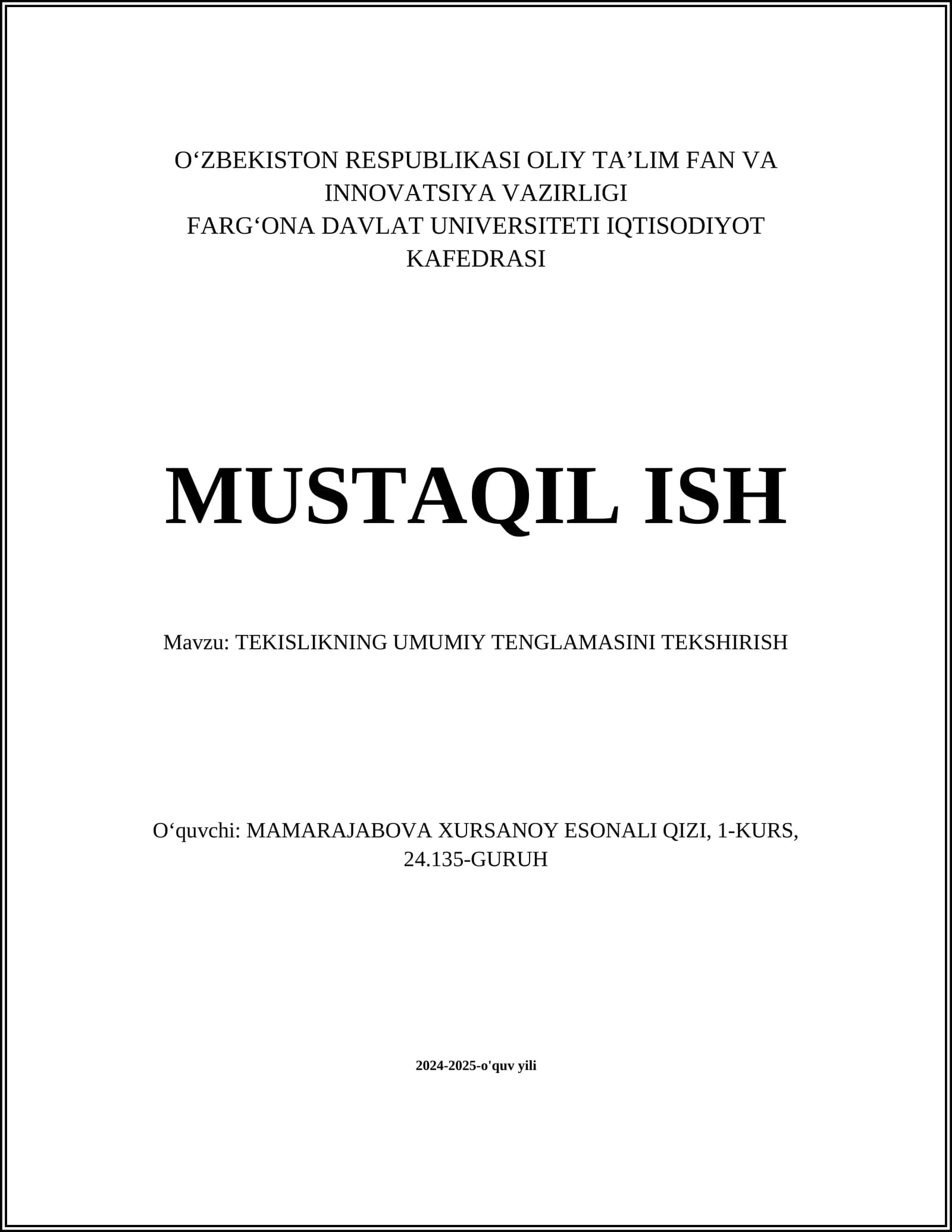 TEKISLIKNING UMUMIY TENGLAMASINI TEKSHIRISH