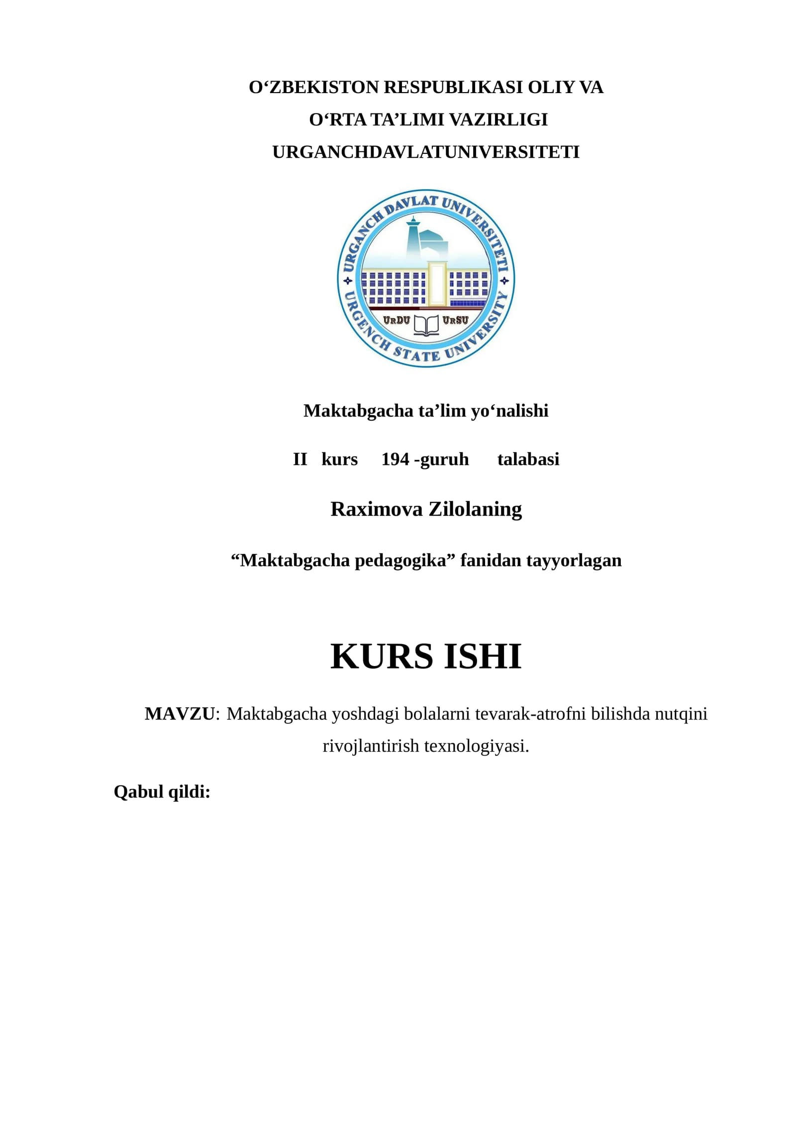 Maktabgacha yoshdagi bolalarni tevarak-atrofni bilishda nutqini rivojlantirish texnologiyasi