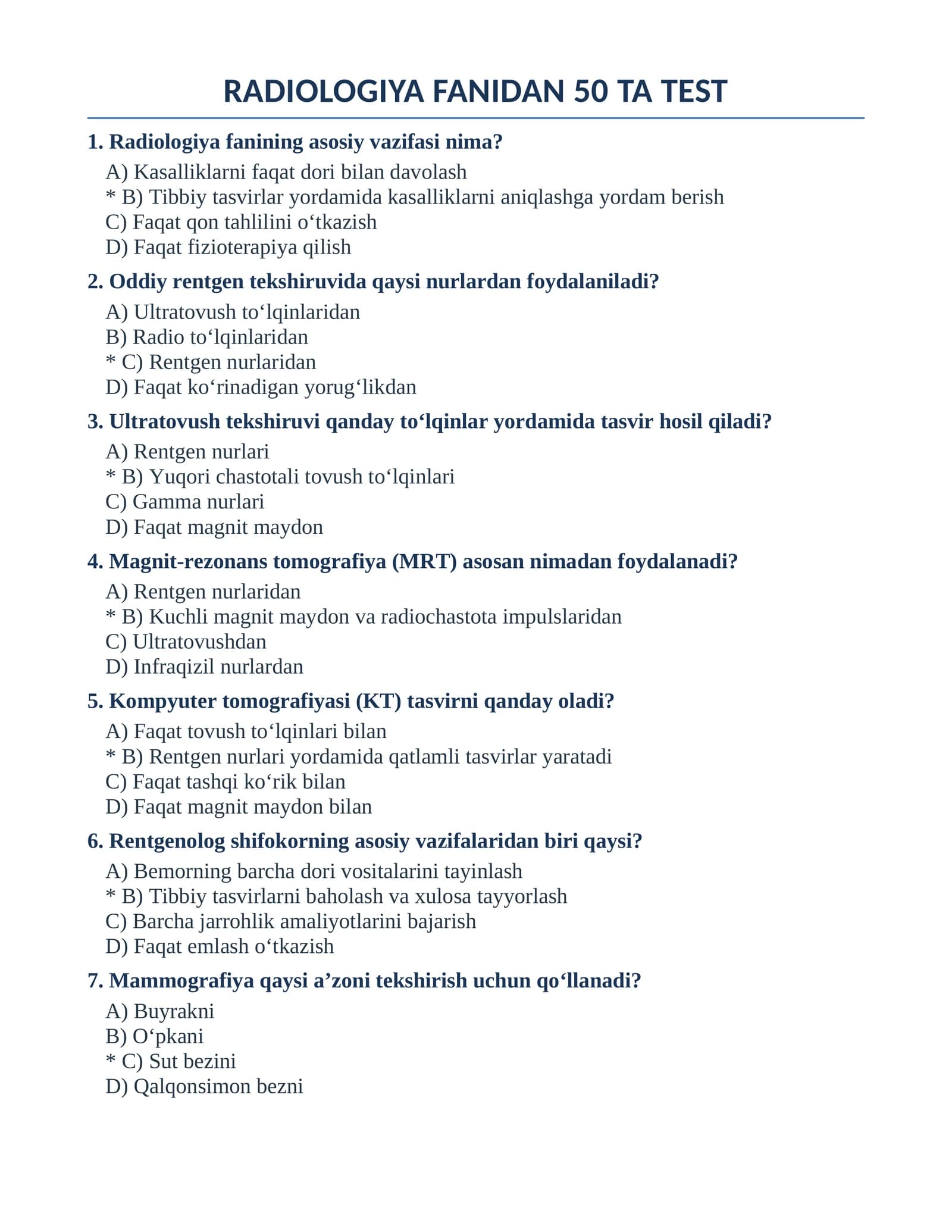 RADIOLOGIYA FANIDAN 50 TA TEST