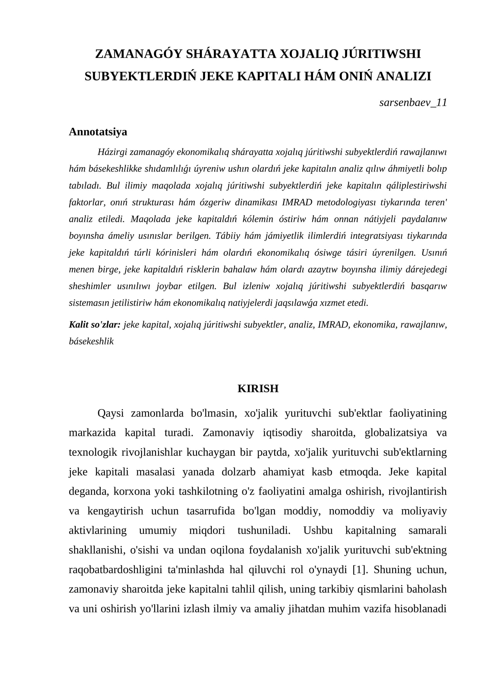 ZAMANAGÓY SHÁRAYATTA XOJALIQ JÚRITIWSHI SUBYEKTLERDIŃ JEKE KAPITALI HÁM ONIŃ ANALIZI