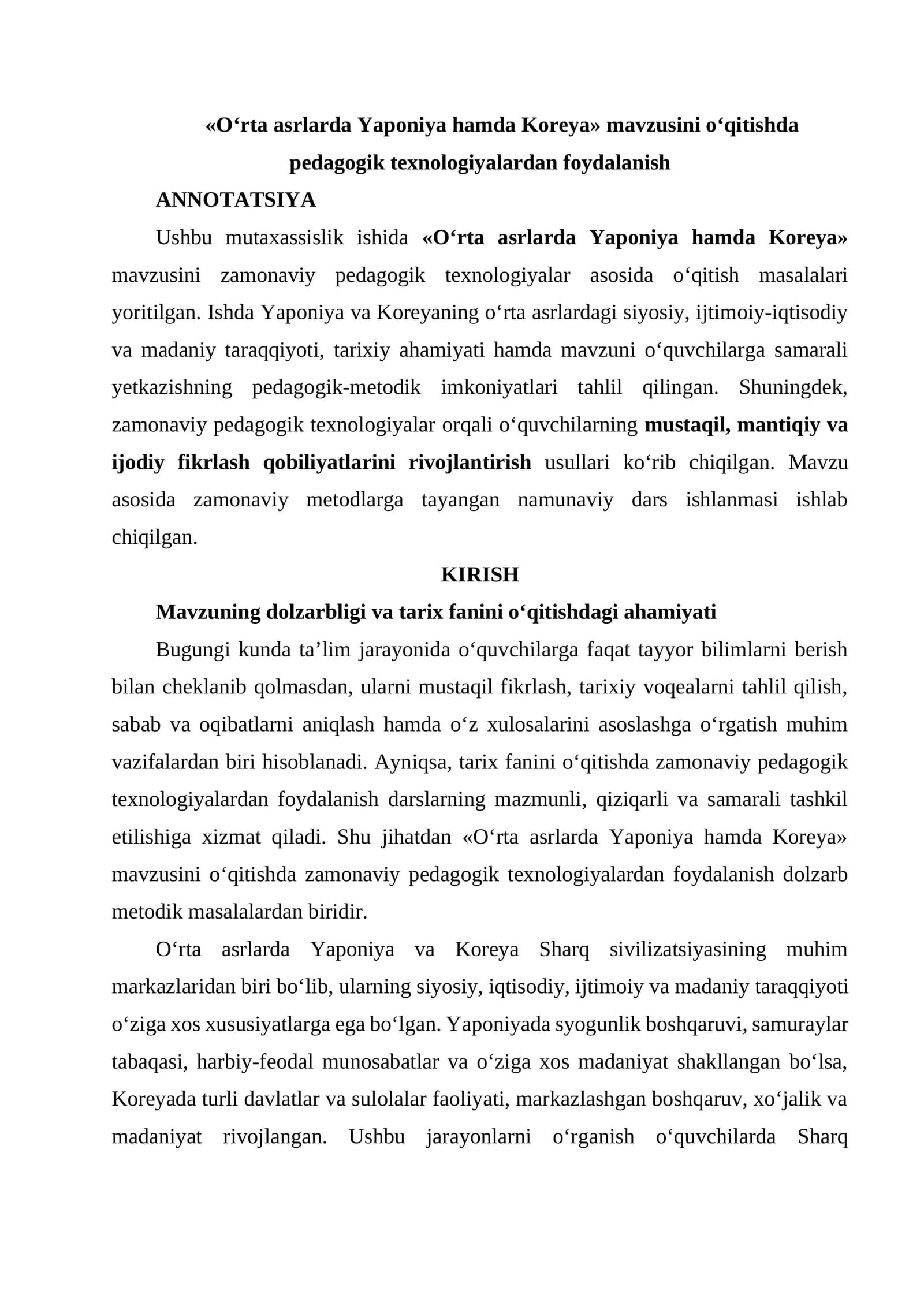 «O‘rta asrlarda Yaponiya hamda Koreya» mavzusini o‘qitishda pedagogik texnologiyalardan foydalanish