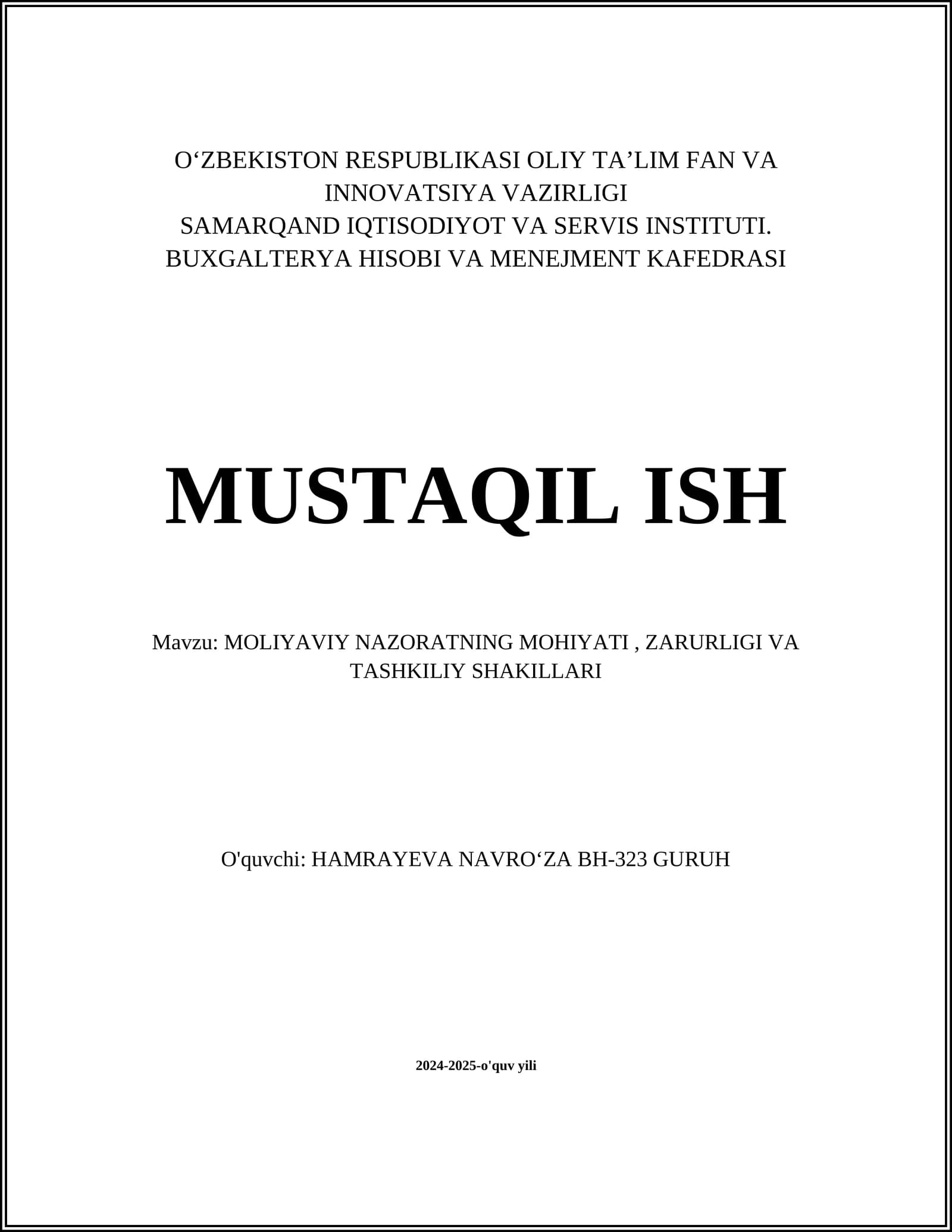 Moliyaviy nazoratning mohiyati